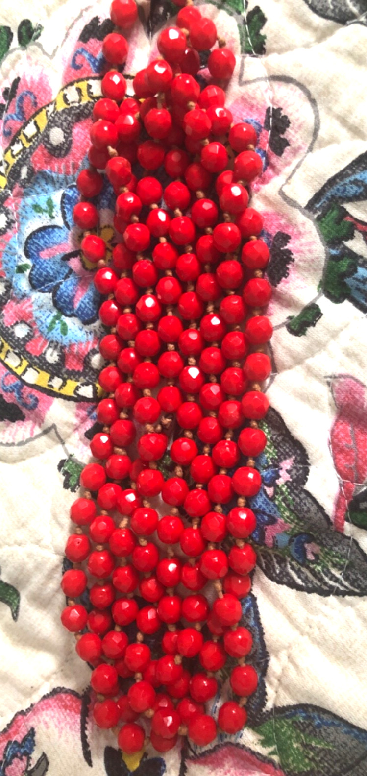 Vtg Red Glass Faceted Beaded Necklace Hand Knotted Extra Long 32 inches no clasp