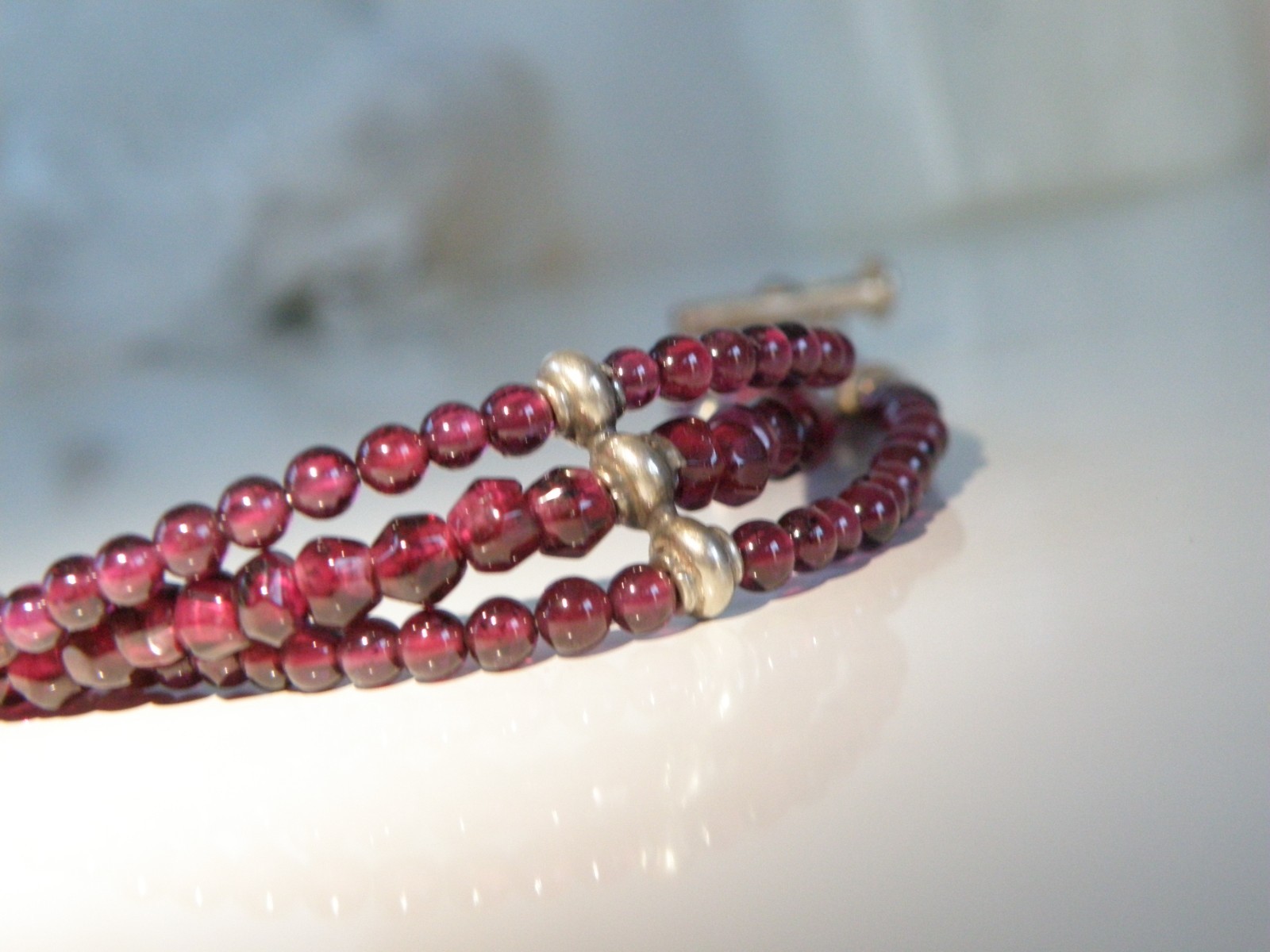 Vintage Sterling Silver 925 Bohomian Pink Red Garnet Station Bracelet 7.5″