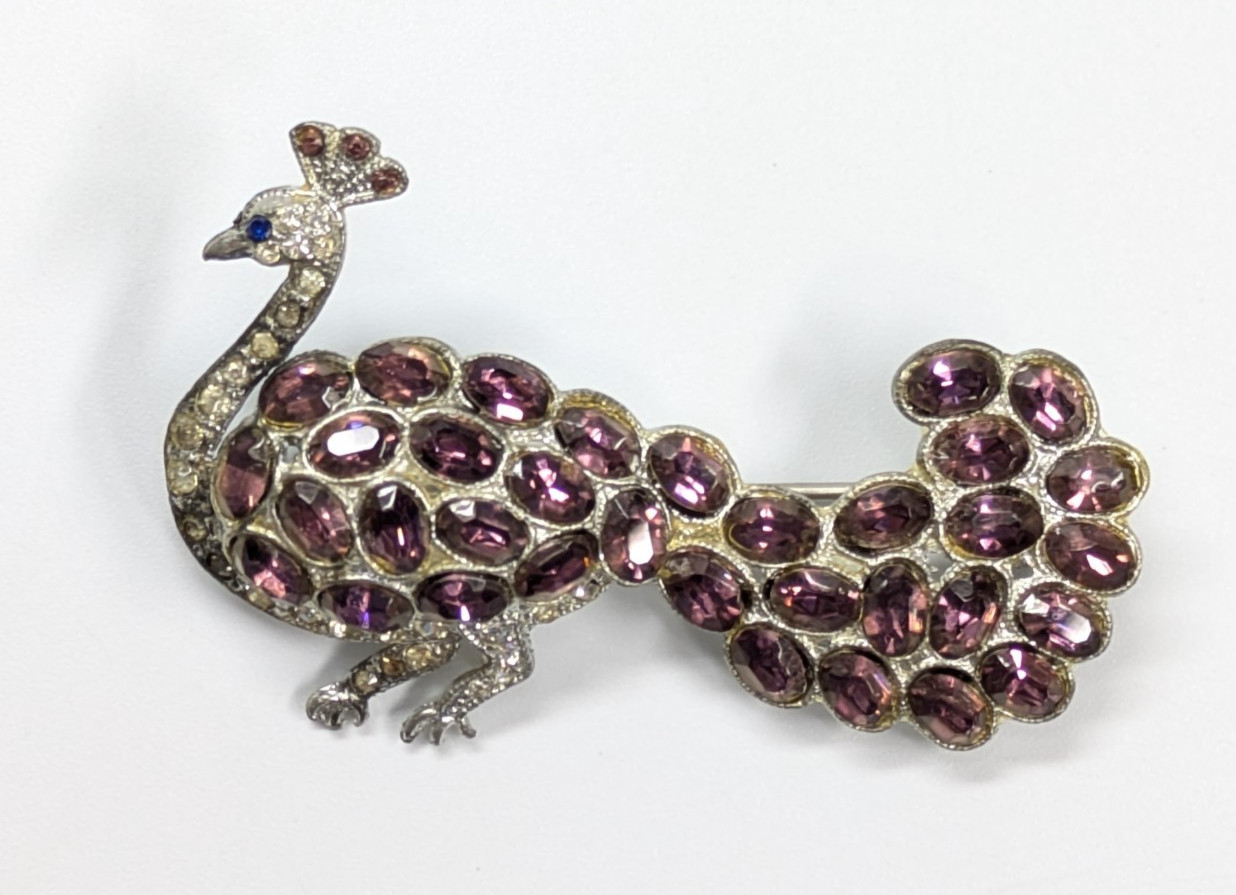 VTG Pot Metal Silver Tone Purple Glass Paste Stone Statement Peacock Brooch Pin
