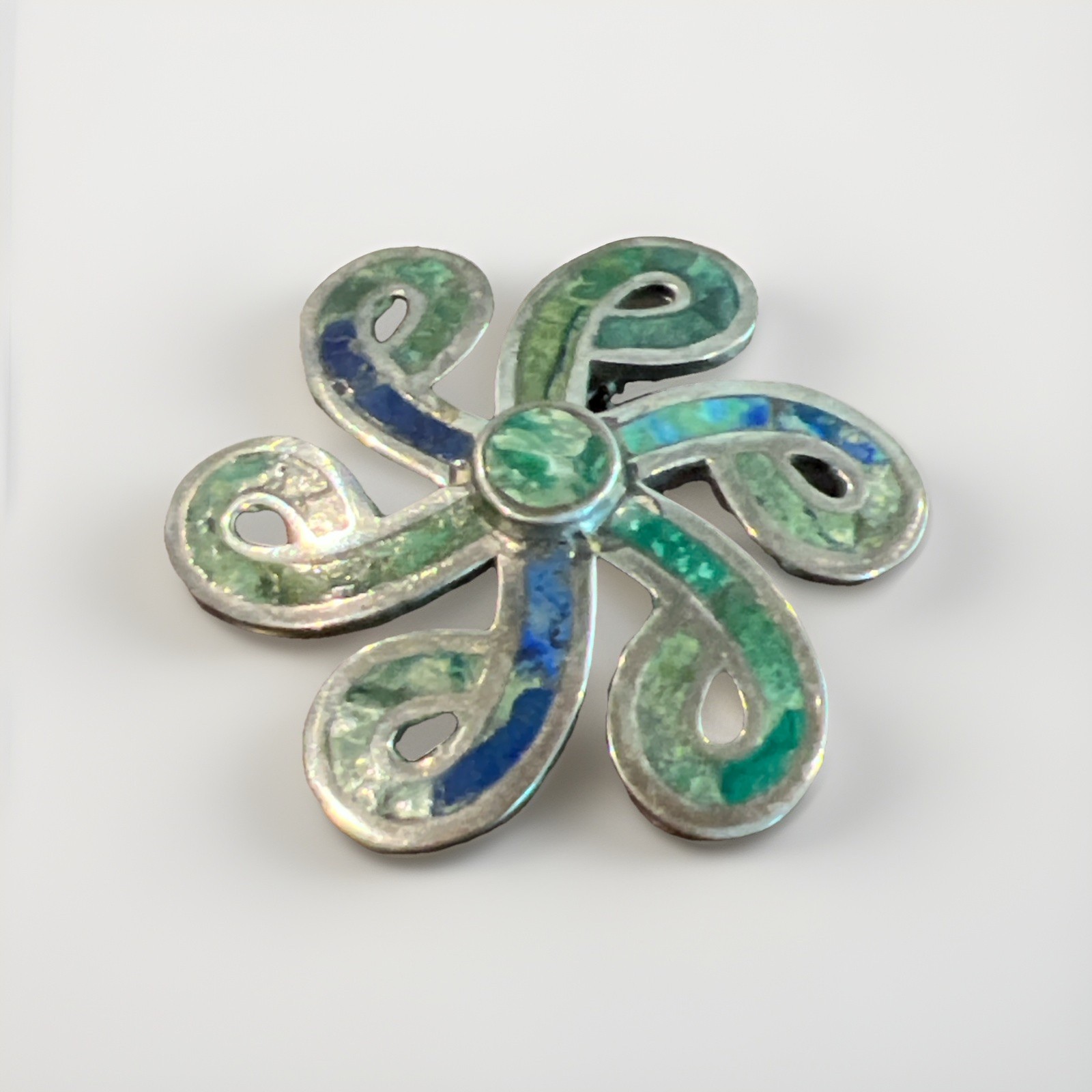 Taxco Sterling Silver Los Castillo Turquoise Malachite Lapis Swirl Brooch Pin