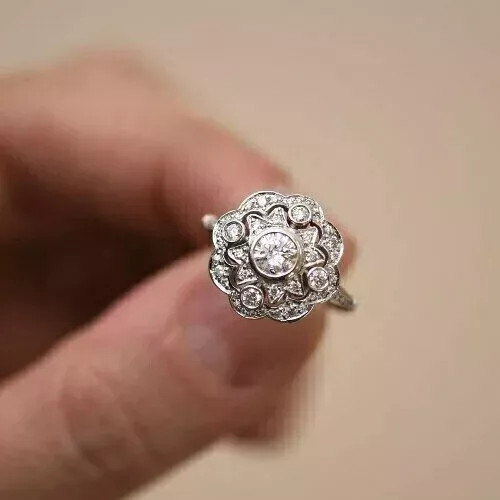 Art Deco Vintage Round Lab Created Diamond 14K White Gold Finish Engagement Ring