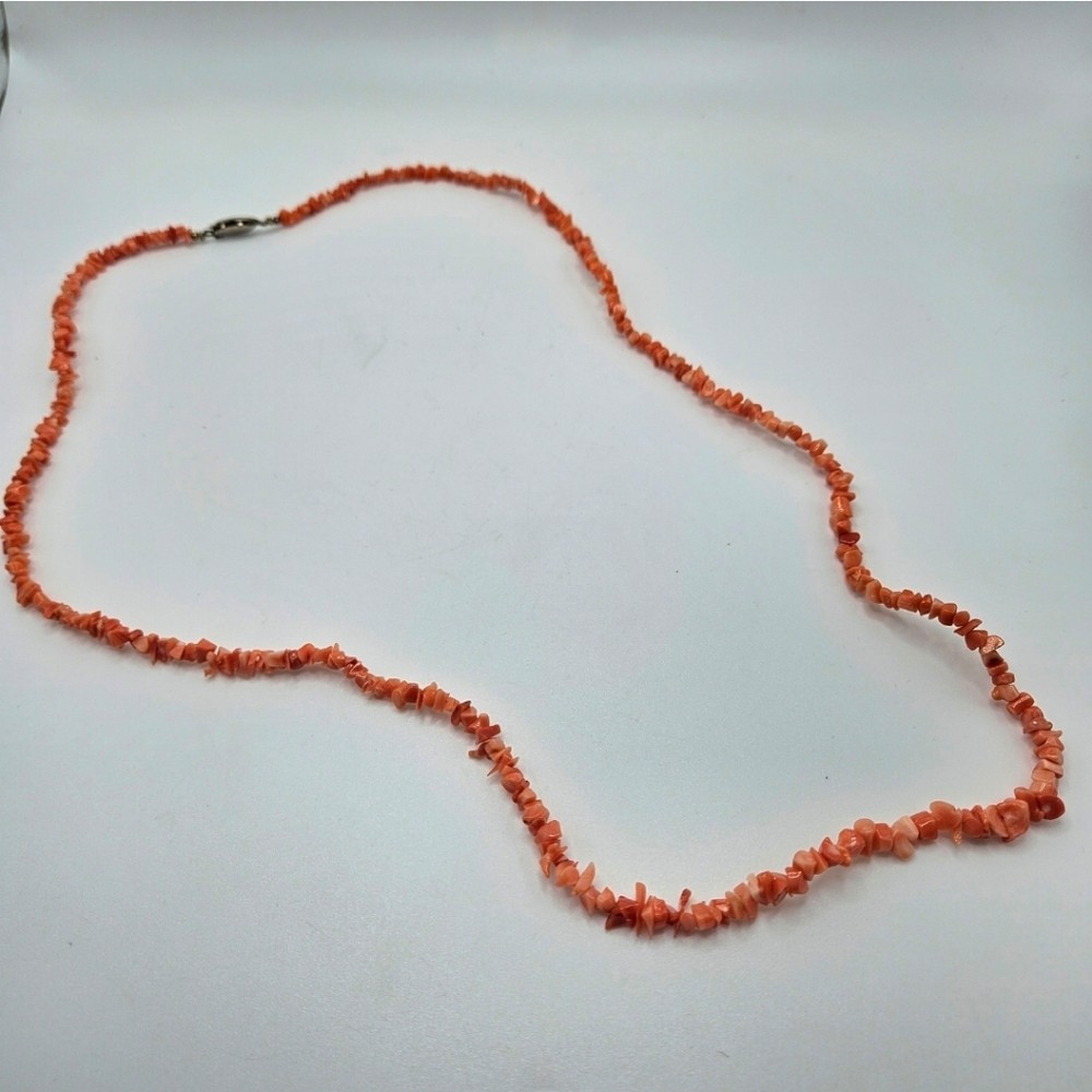 VINTAGE Orange Coral Chip Long 30″ Strand Necklace Fish Hook Clasp