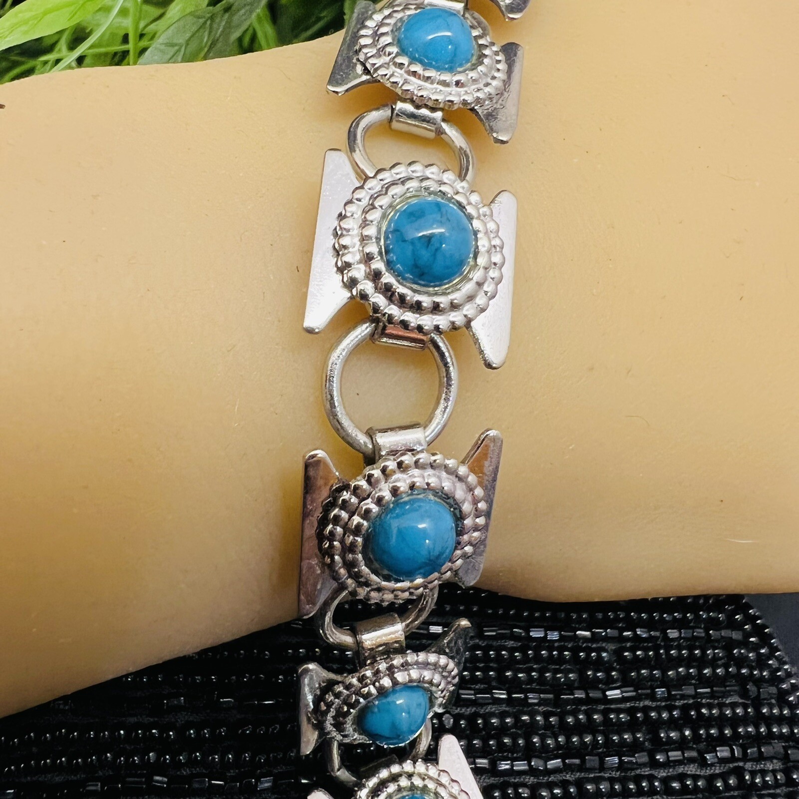 Vintage Bracelet Silver Tone Faux Turquoise Link South Western Style 4247