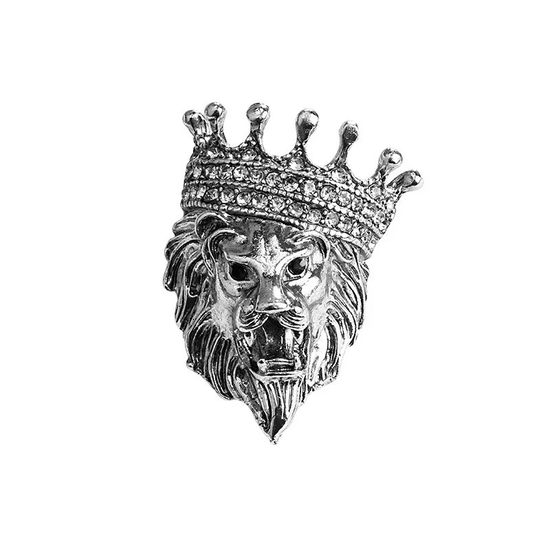 Vintage Animal Lion Head Brooch Crystal Crown Lapel Pin for Men and Women