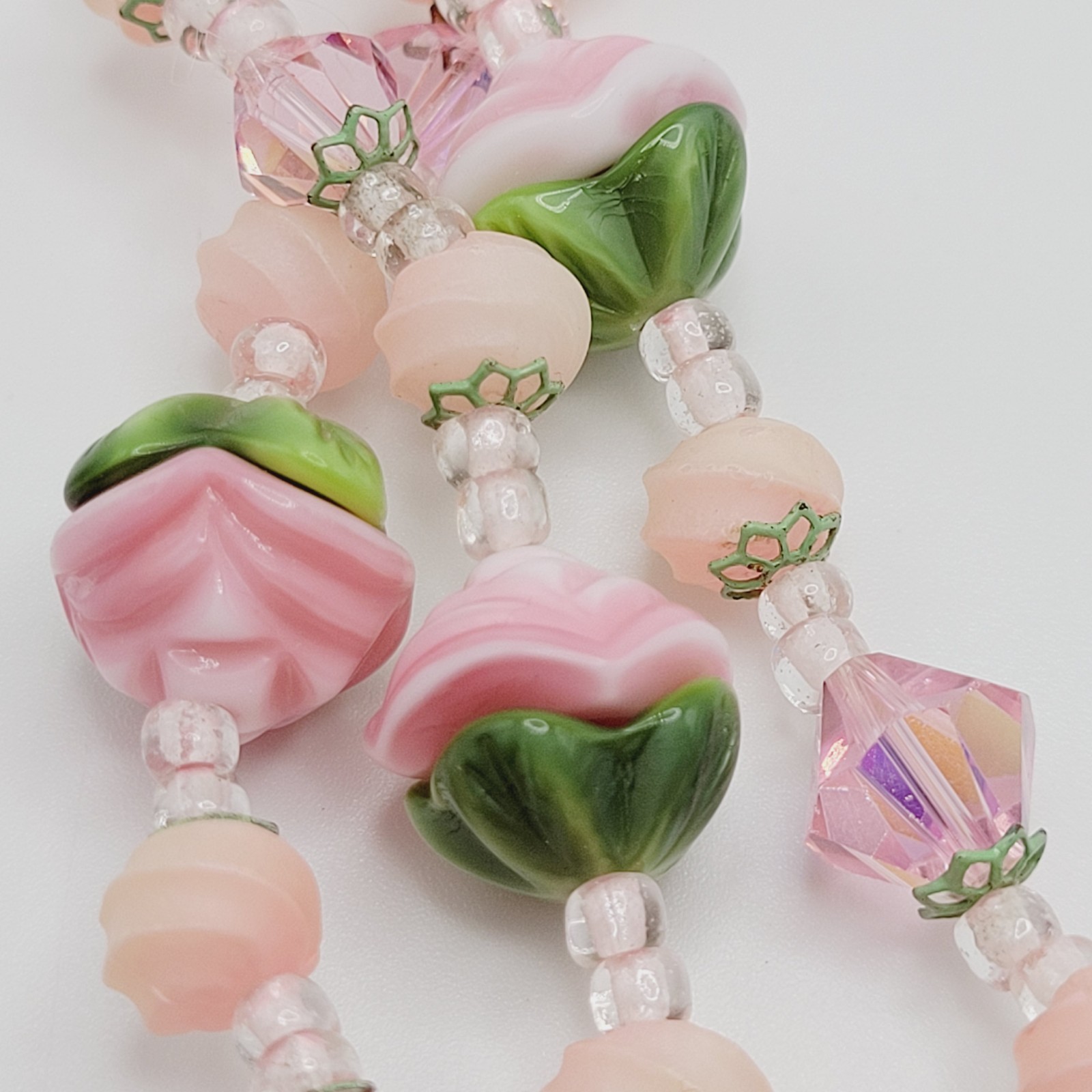 Triple Strand Glass Pink Rosette Green Bottom Rosebuds Bicone Crystal Necklace