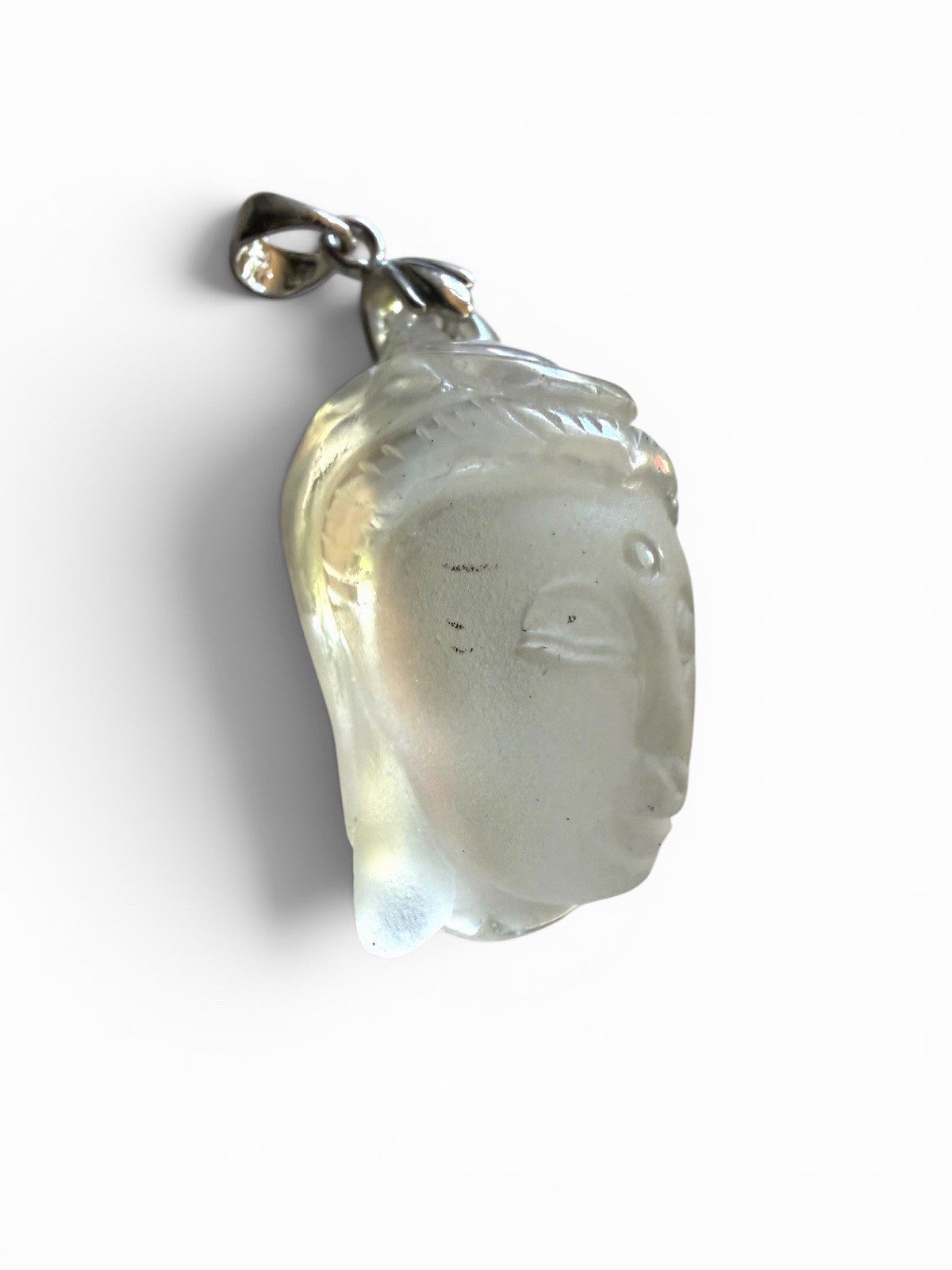Vintage Frosted Crystal Buddha Head Pendant 18K GP Bail Smooth Carved Figure