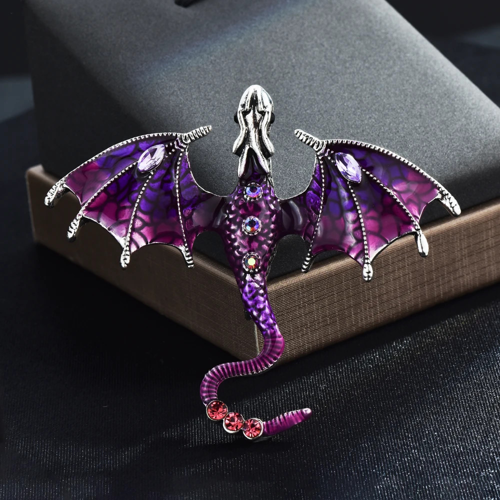 Enamel Dragon Brooch For Women Men 6-color Rhinestone Flying Legand Animal Pins