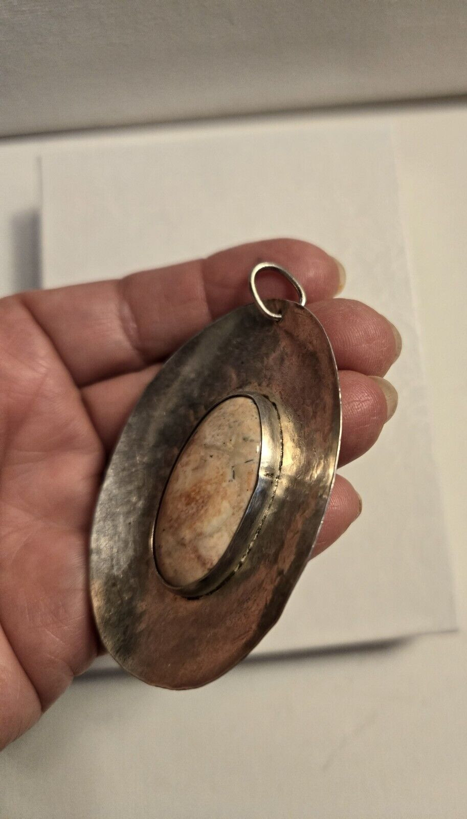 Vintage Oversized Oval Agate Hammer finish White Metal Artisan Crafted Pendant