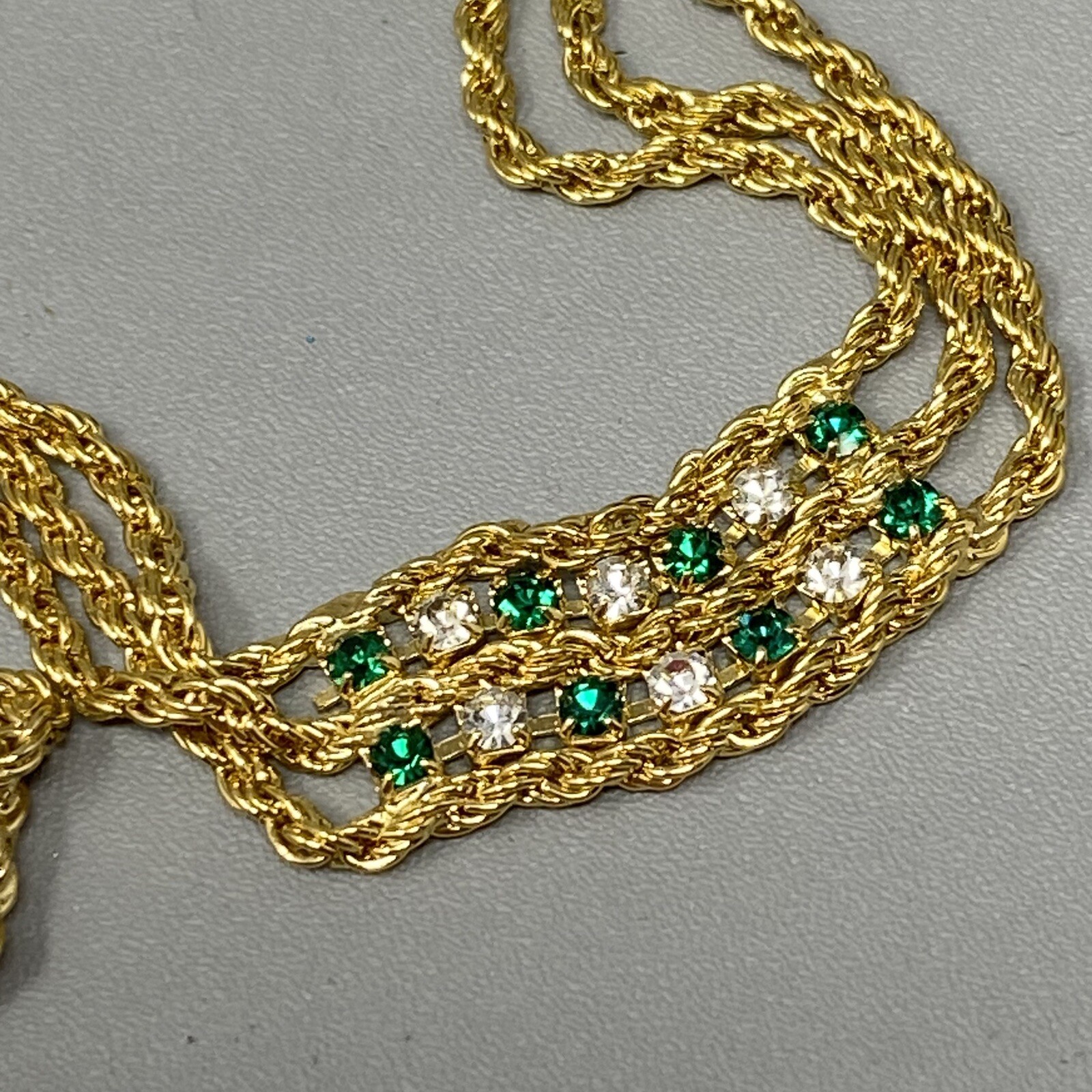 Rope Chain Tennis Bracelet Pair Gold Tone White Green Red Rhinestones 7-7.5″