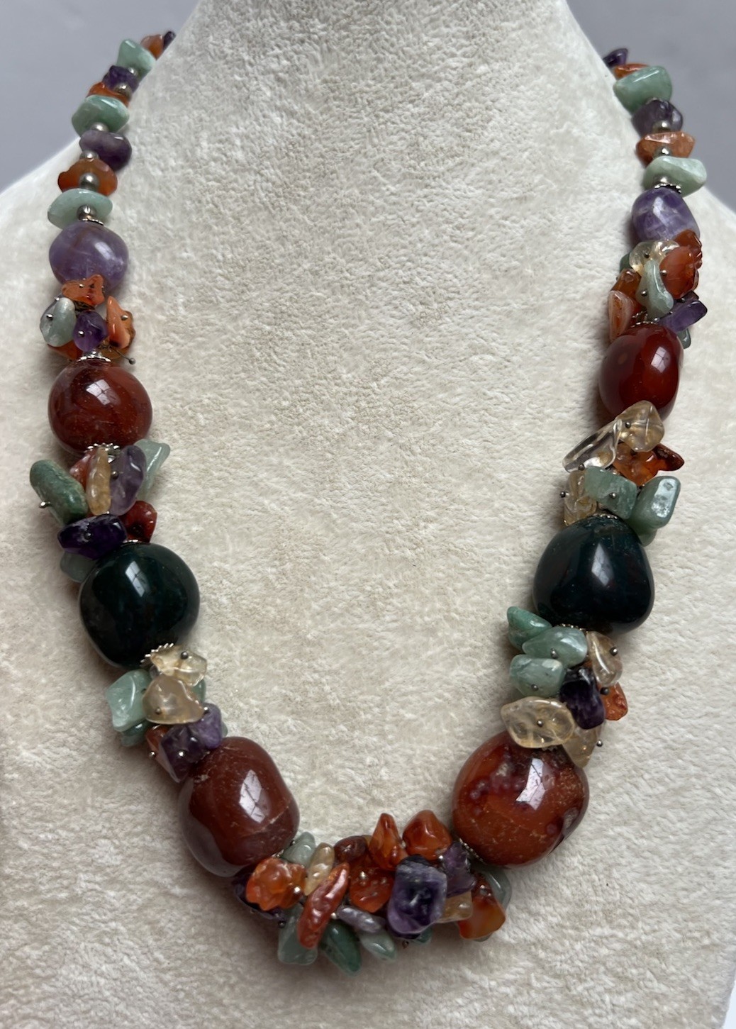 Vintage Bloodstone Carnelian Amethyst Chunky Bead Necklace 20”