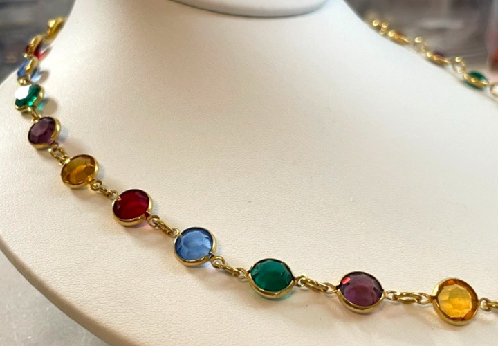 Vintage Austrian Crystal USA Multi-Color Crystal Necklace Bezel Set Jewelry 19″
