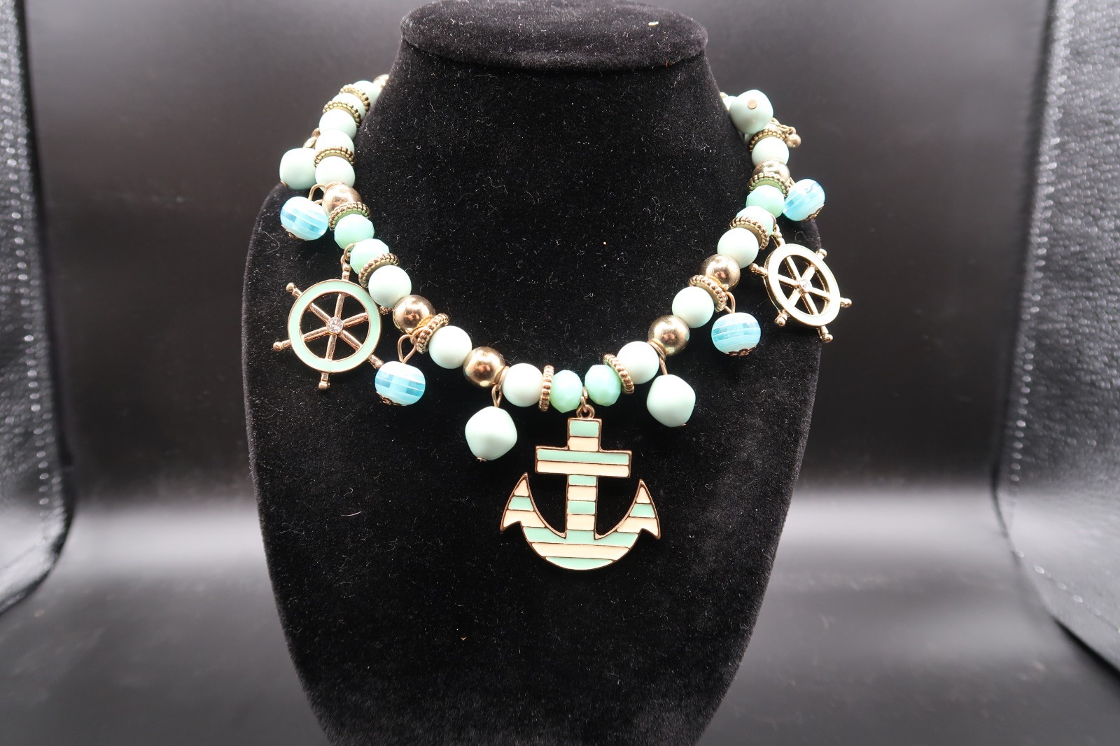 Vtg Nautical Beaded Charm Station Necklace Anchor Ship Wheel Teal & White Enamel