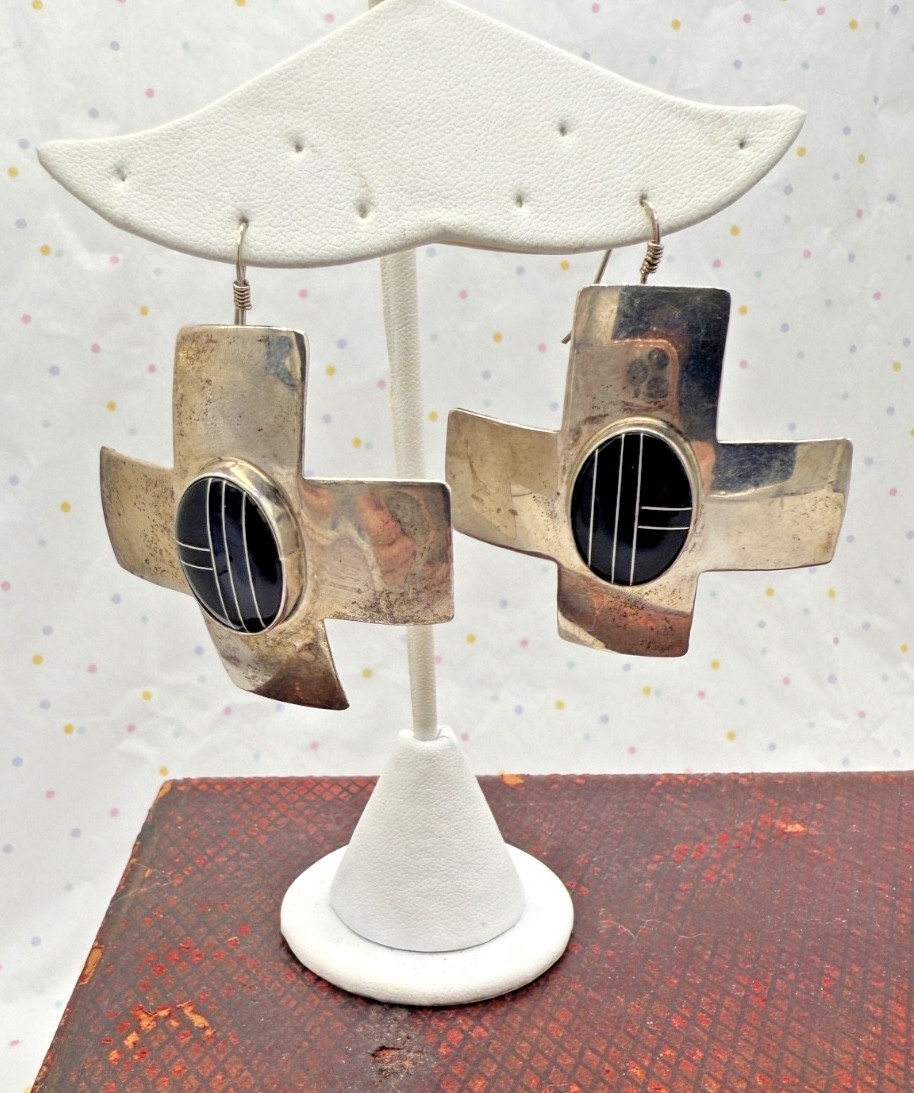 VTG Native American Silver 925 Maltese Cross Earrings w/Onyx Signed Ben G Chavez