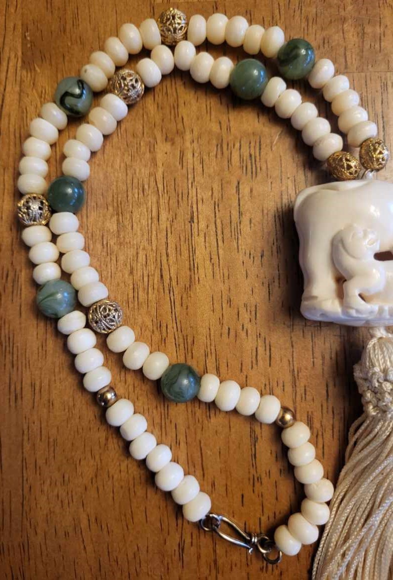 Vintage Ox & Calf Celluloid Netsuke Bead Tassel Necklace 22 Inches 5.5 Inch Drop