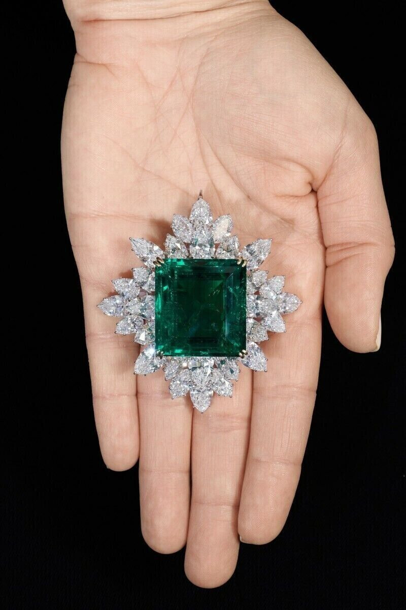 Huge Vivid Pine Green Square Cut Lab Created Emerald Cluster Style Brooch