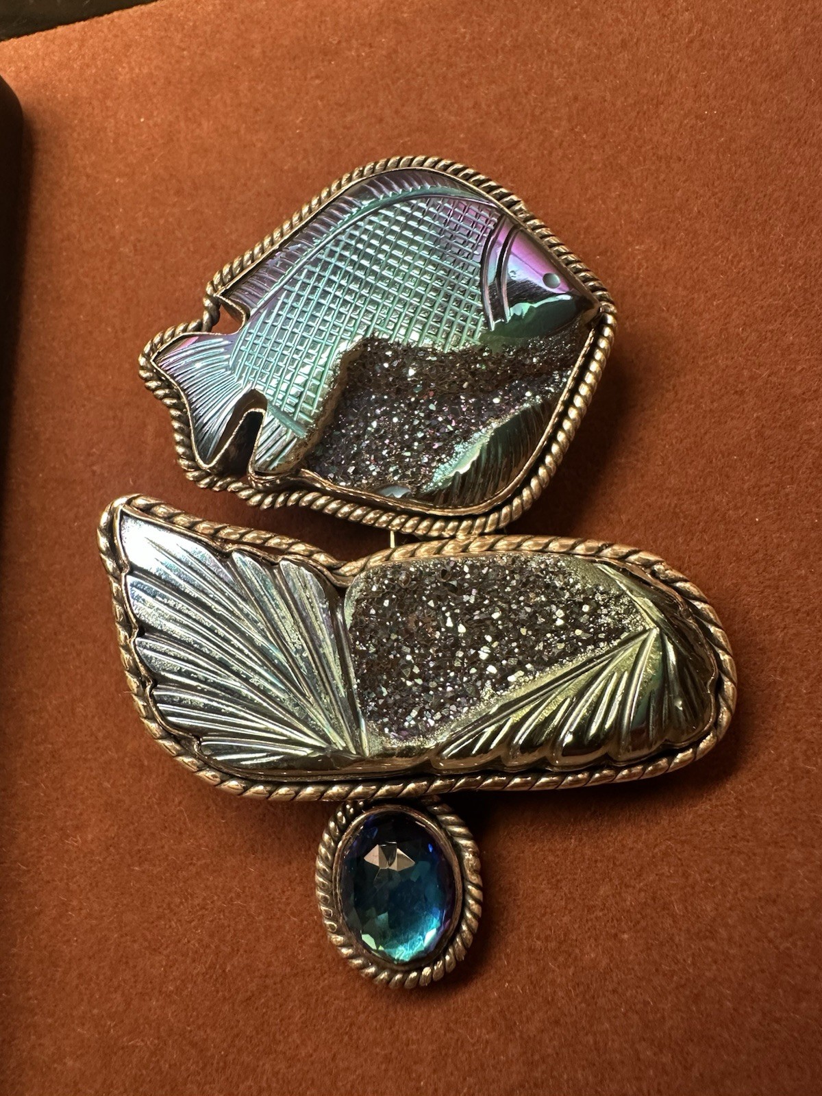 Amy Kahn Russell Ring Sterling Blue Druzy Fish Quartz Carved 925 Brooch/Pin