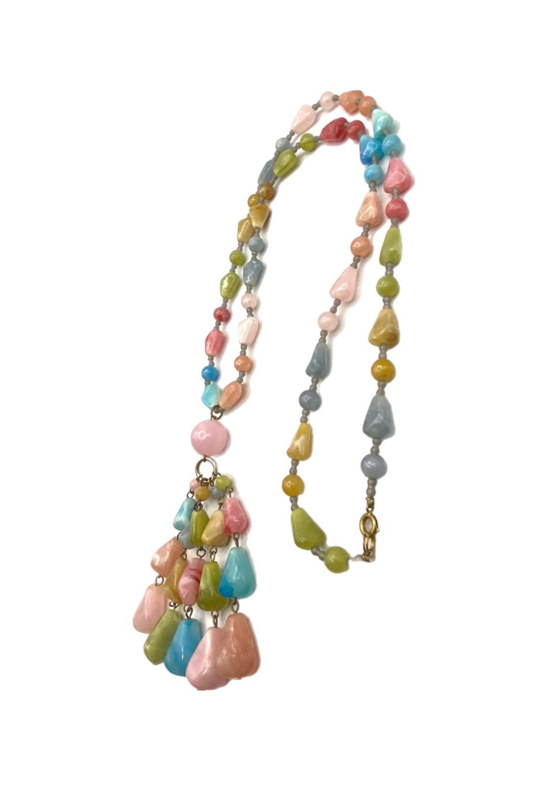 Vintage Chunky Pastel Multi-Color Beaded Tassel Pendant Necklace Plastic 30″