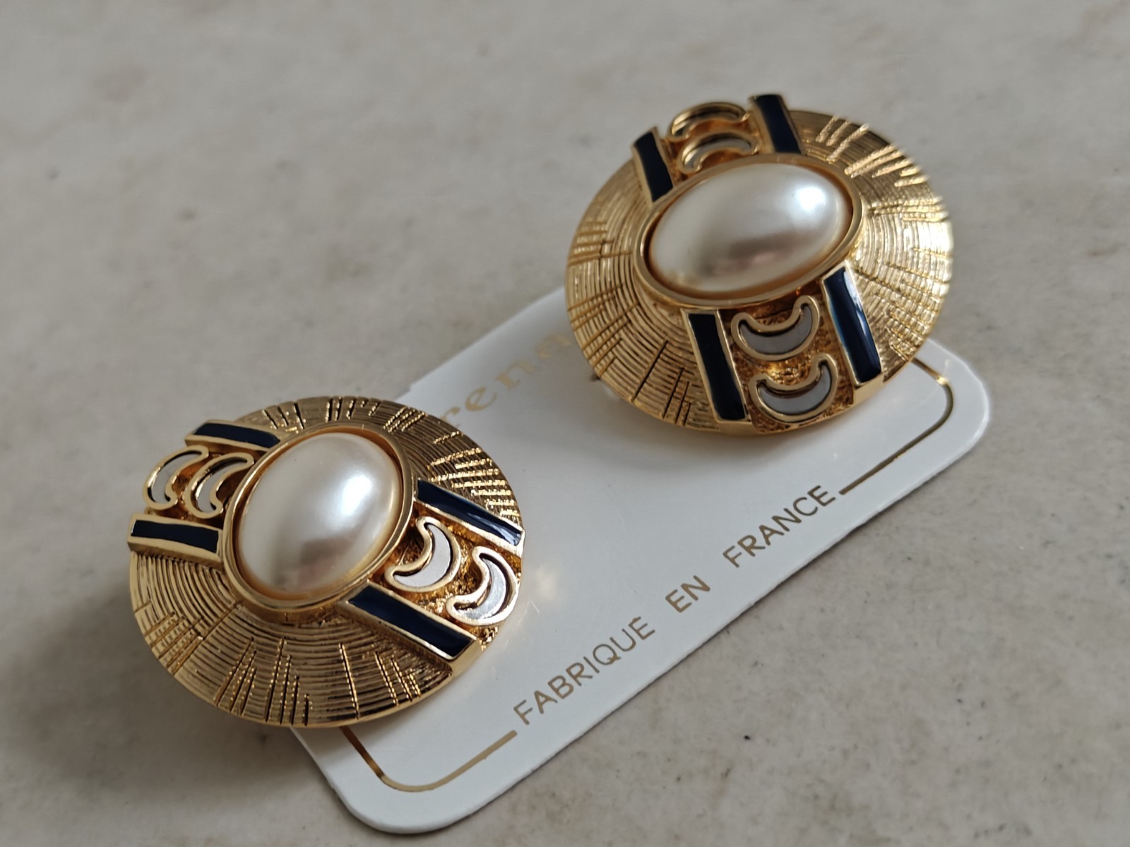 Vintage Orena Paris Faux Mabe Pearls Enamel Earrings Matte Yellow Gold New