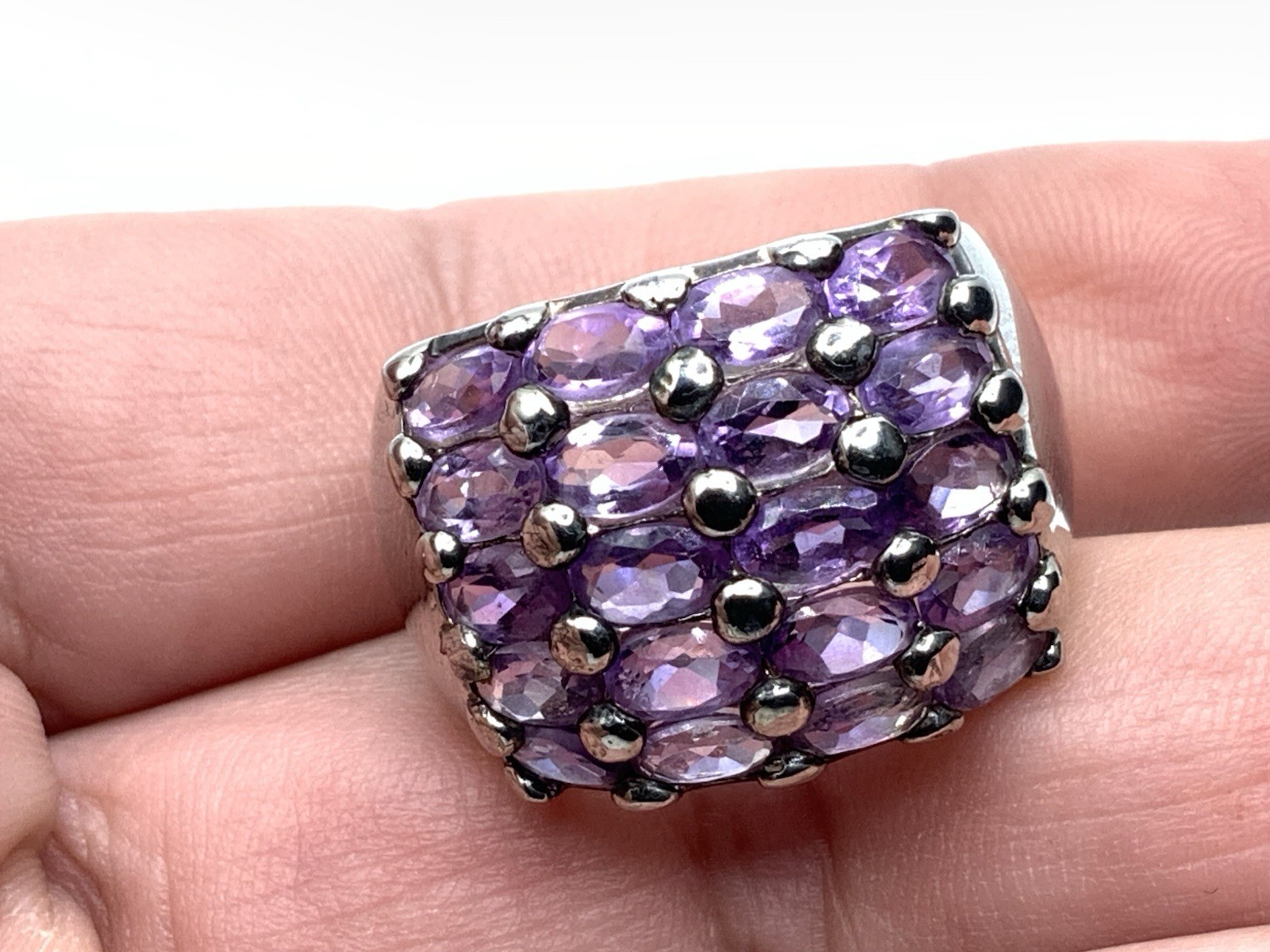DBJ 925 Sterling Silver Rhodium Amethyst 5 Row Wide Cigar Band Ring ~ Sz. 8