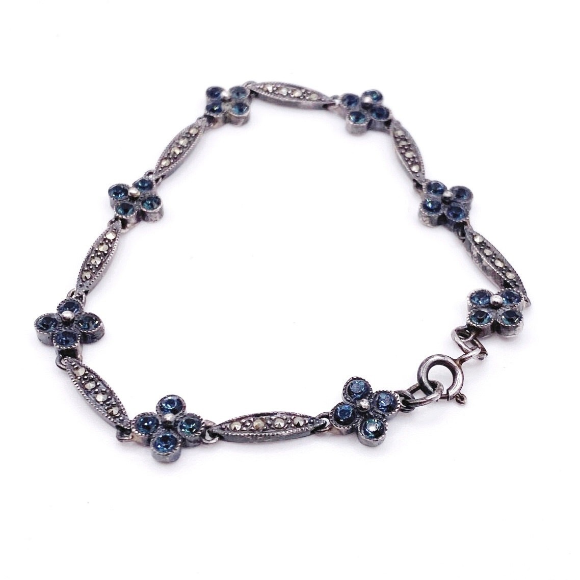 Vntg Sterling Silver With Blue Crystal and Marcasite Flowers Bracelet