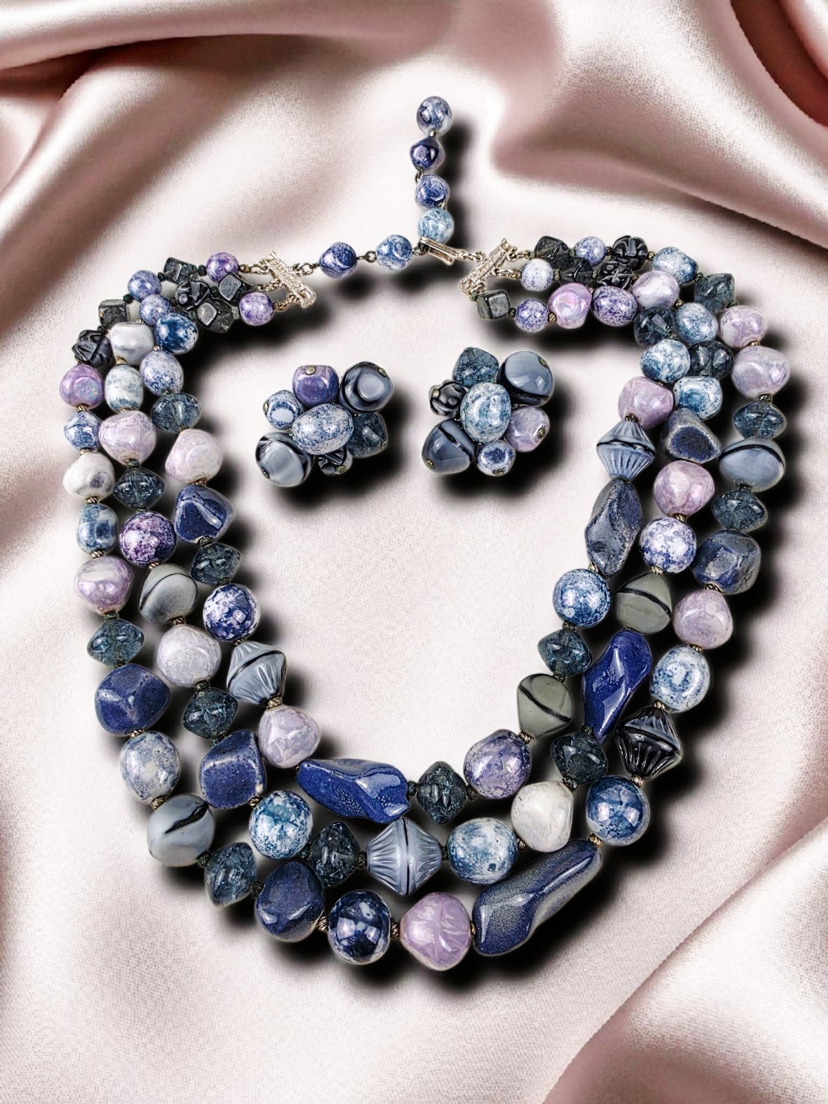 Vintage Hattie Carnegie 3 Strand Natural Stone Necklace & Matching Clip Earrings