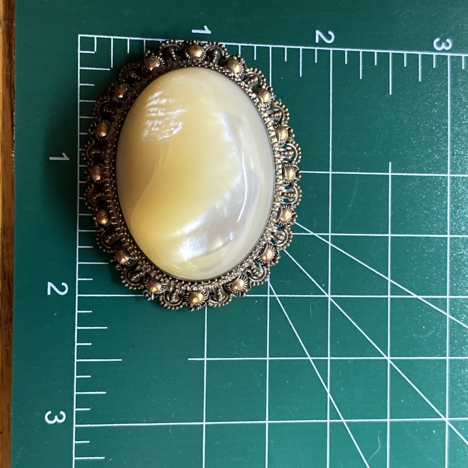 Large Mother Of Pearl Brooch Set In Sterling And Gold Filled Accents