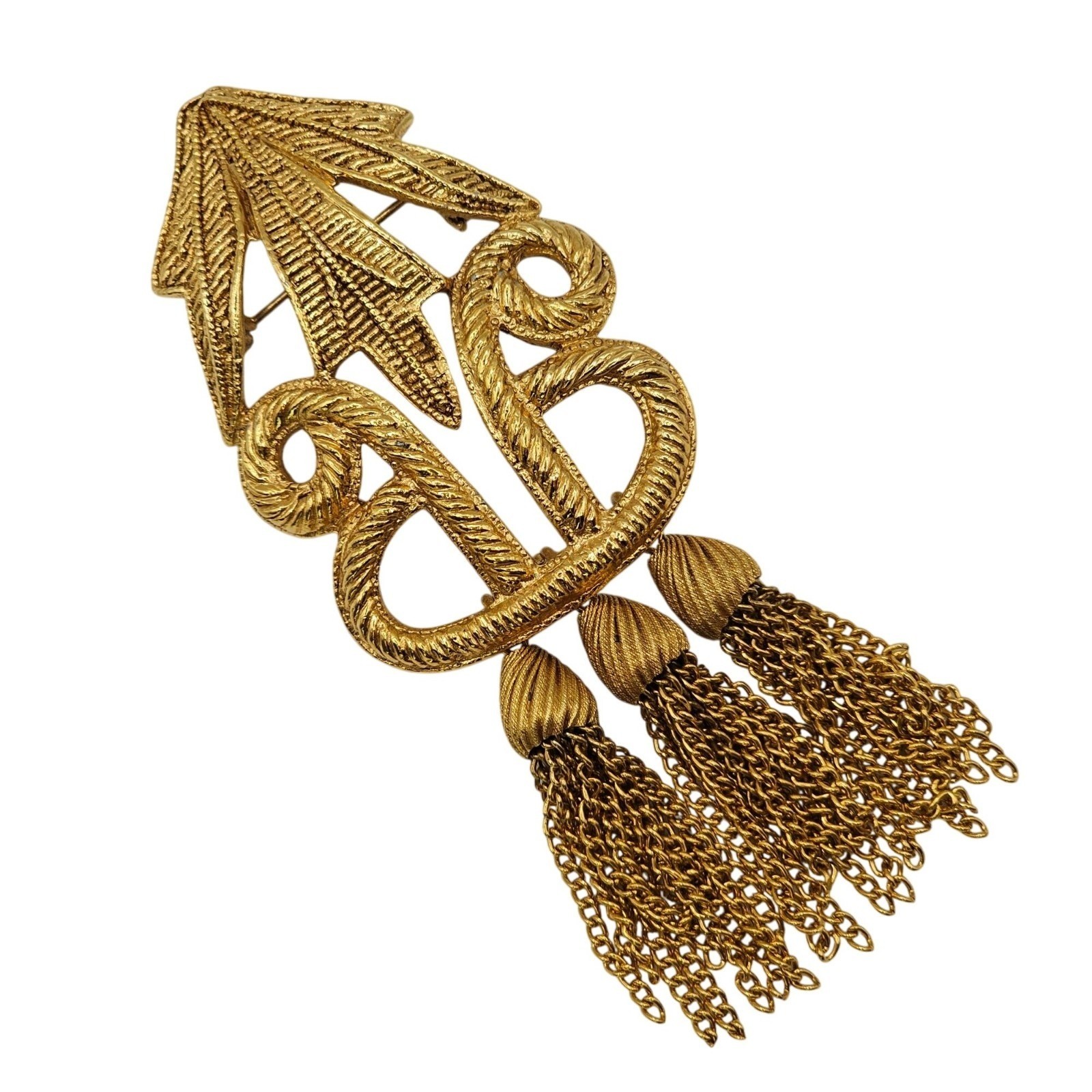 Designer Carol Dauplaise 4″ Tassel Brooch Statement Gold Tone Vtg Knot Dangle