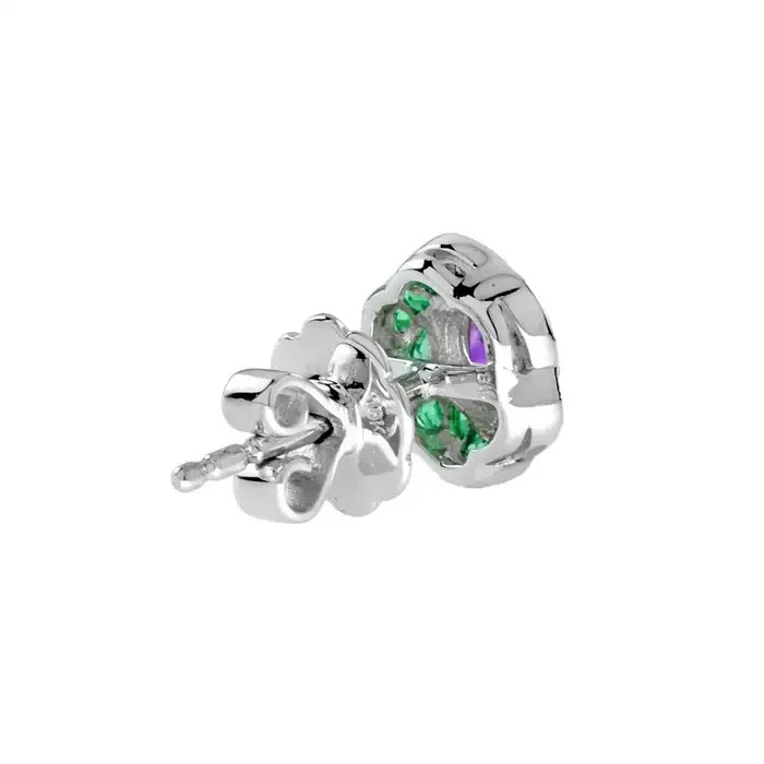 Art Deco Style Round Amethyst and Emerald Floral Stud Earrings 14K White Gold FN