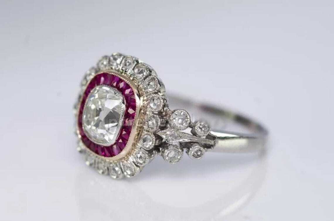 Red Ruby Baguette Cut Moissanite Halo Set Floral Inspire Edwardian Wedding Ring