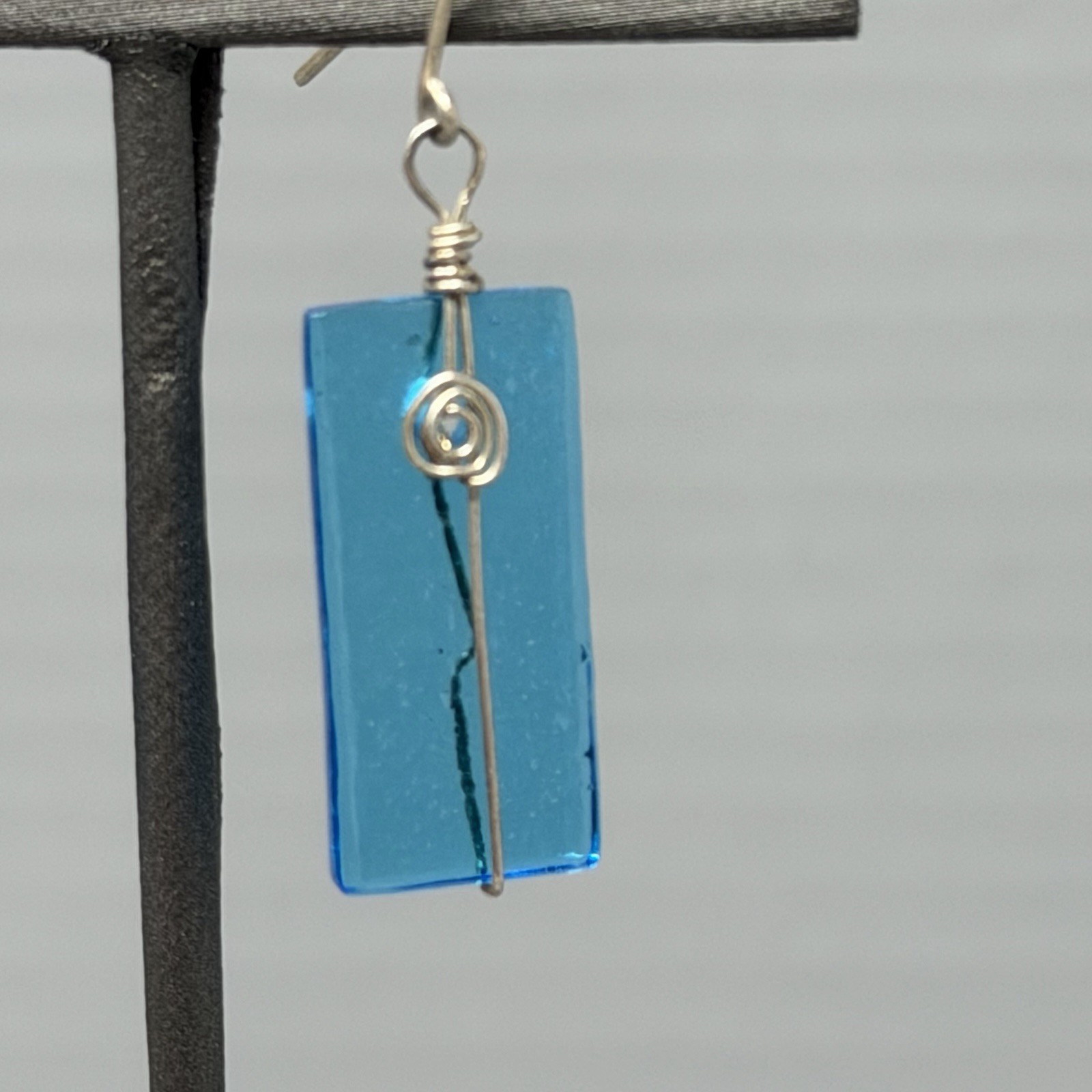 Blue Glass Bead Earrings Wire Wrapped Rectangle Dangle Drop Pierced Bohemian