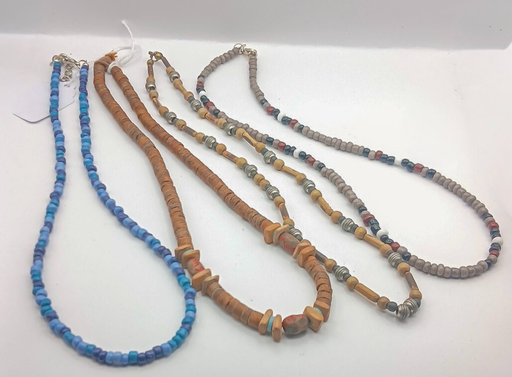 Vintage Heishe Wood Bead Necklace Lot Surfer Seed Bead Blue Earthy Boho Unisex