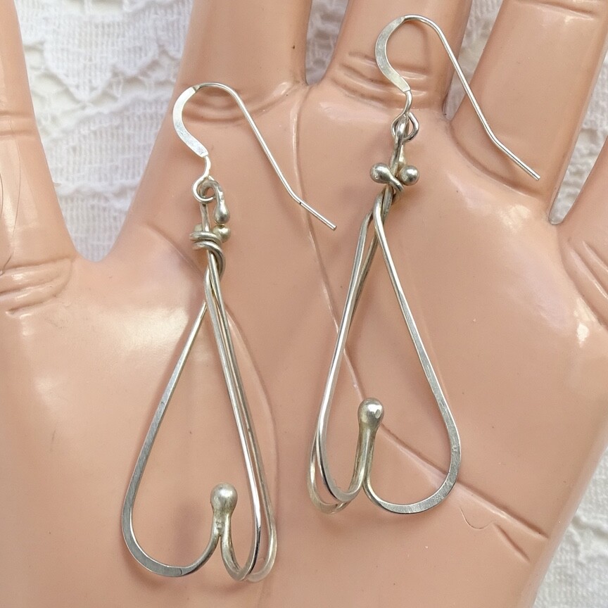 Vintage Modernist Pierced Drop Dangle Earrings Sterling Silver Wire Dimensional