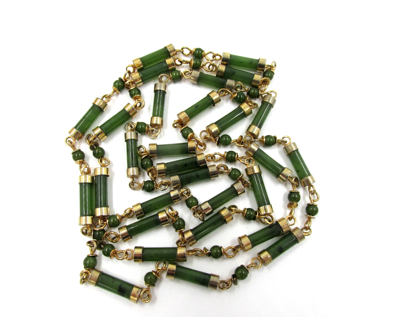Jade Chinese Export Bamboo Cylinder Station Necklace Gold Plated 36″ Vintage