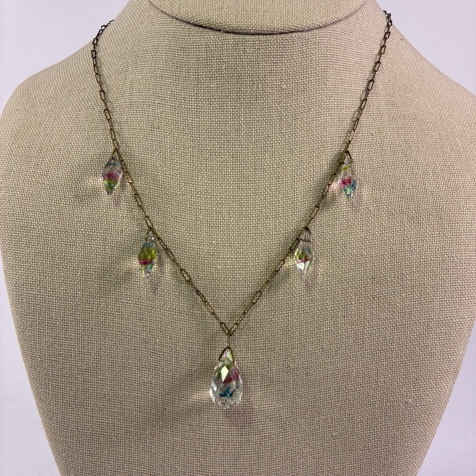 Vintage Czech Art Deco Iris Bicone Glass Rainbow Necklace Dangle Antique
