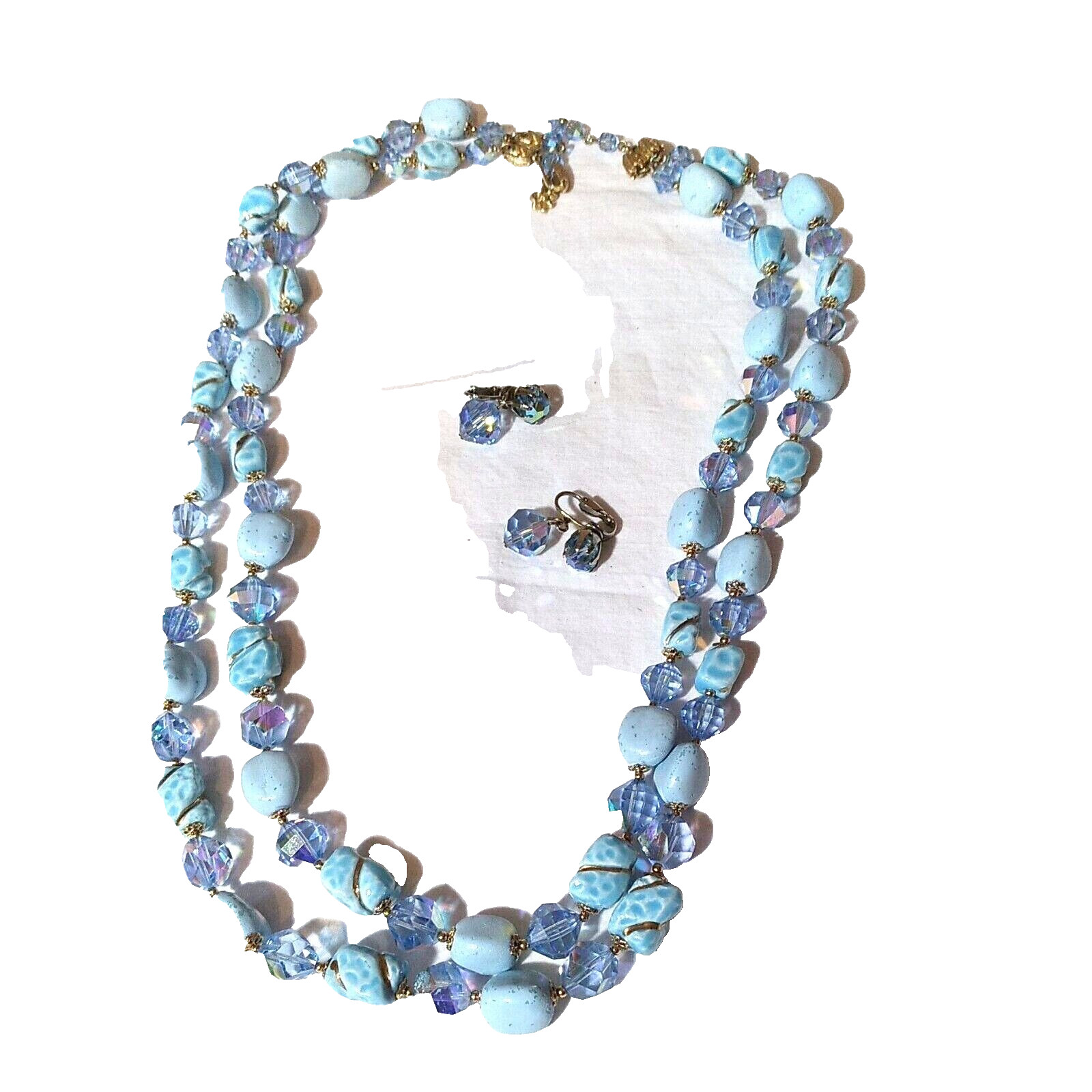Vtg Vendome Blue 2 Strand Necklace and Earrings Set Crystal Faux Larimar beads