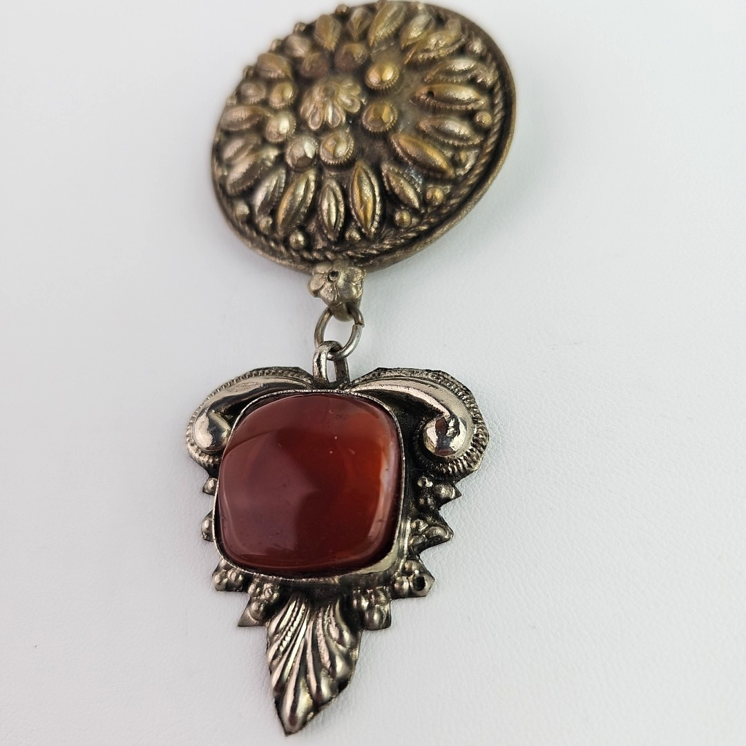 Vintage Ethnic Style Dangle Brooch Silver Tone Glass Cabochon 1930s to 1950s