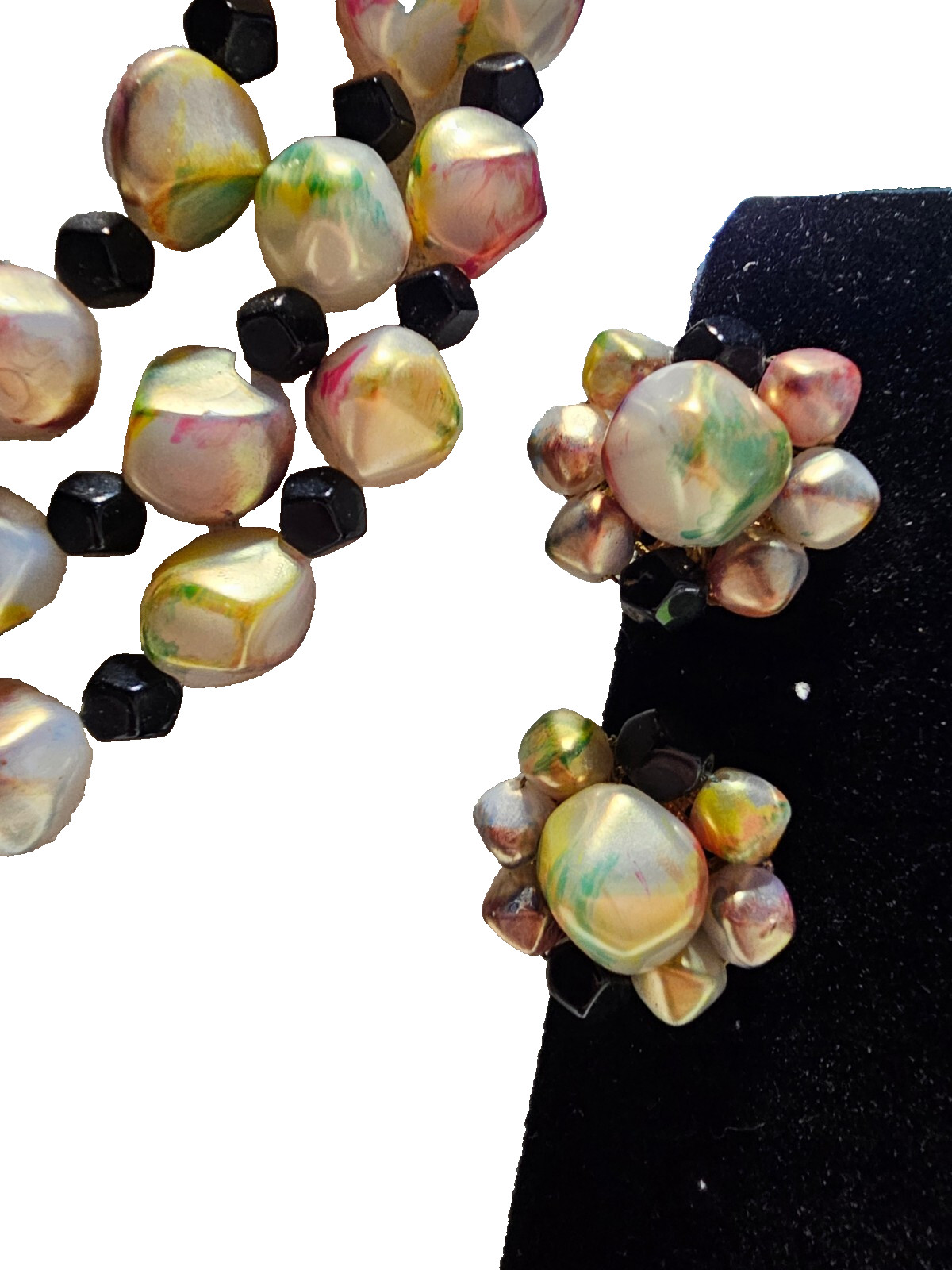 MCM IRIDESCENT BEADED NECKLACE AND CLUSTER CLIP-ON EARRING SET MARKED JAPAN