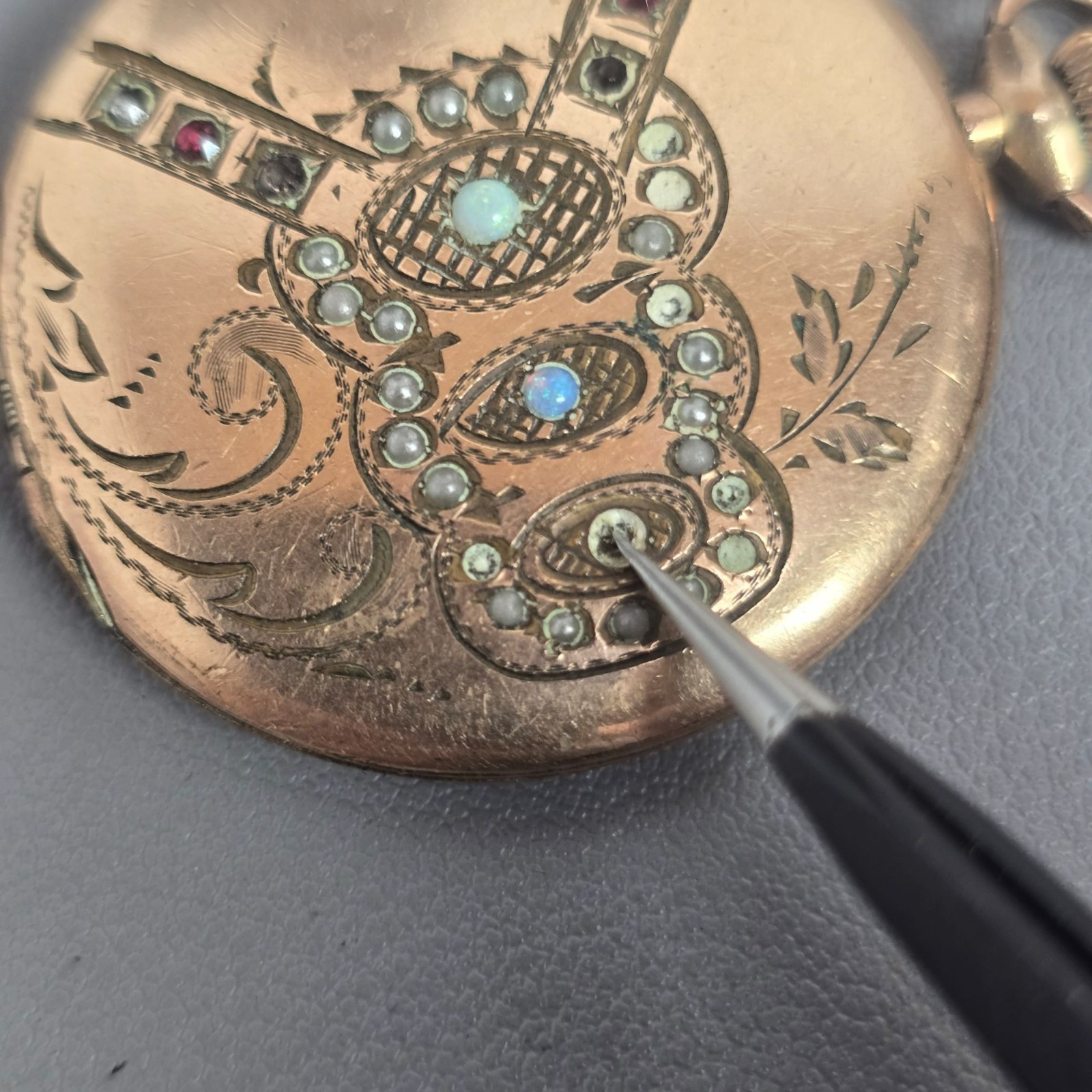 Victorian Gold-Filled/Gold-Plate Engraved Gemstone Photo Locket w/ Opal & Gems