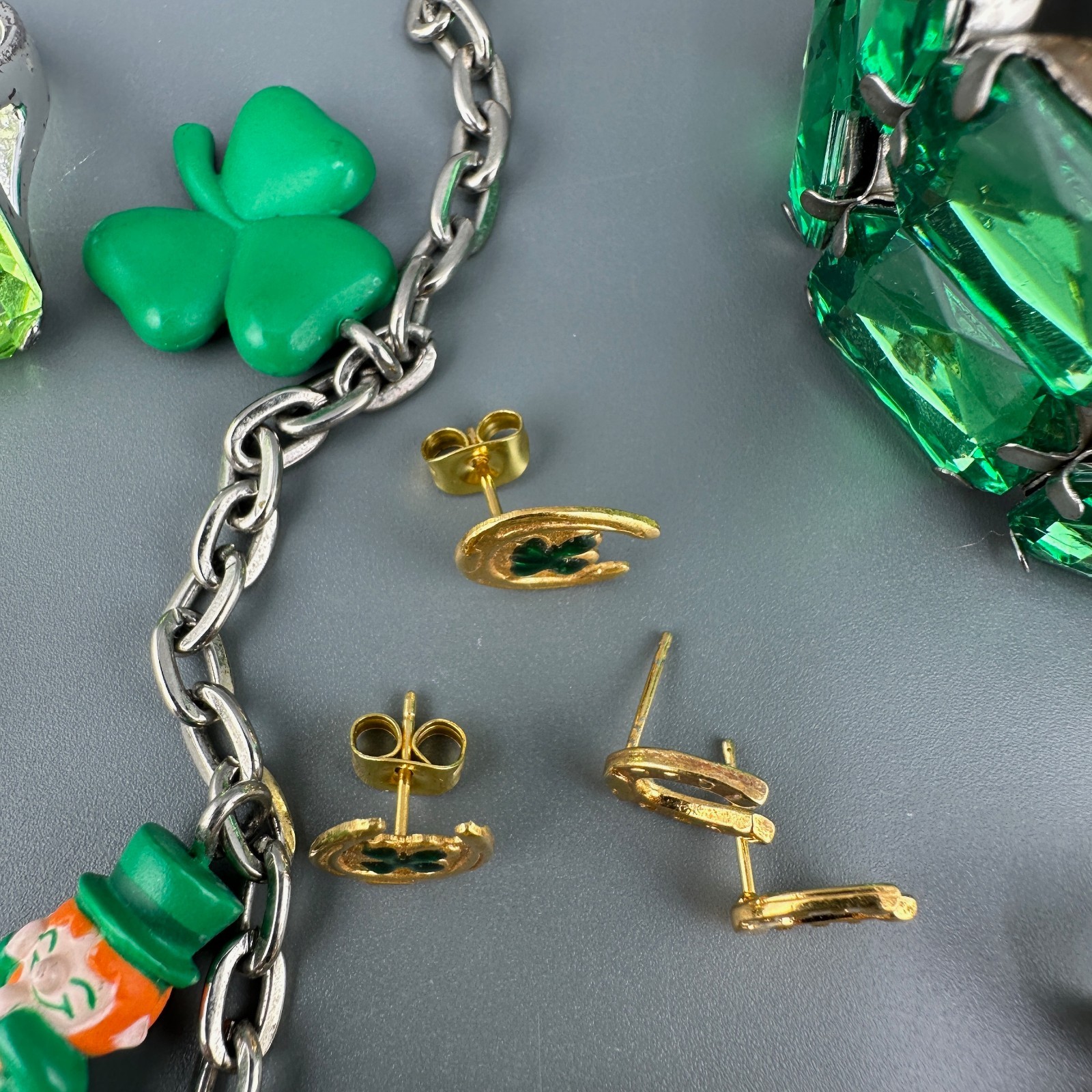 Vintage St. Patricks Day Jewelry Lot Shamrock Brooches Leprechaun Necklace Rings