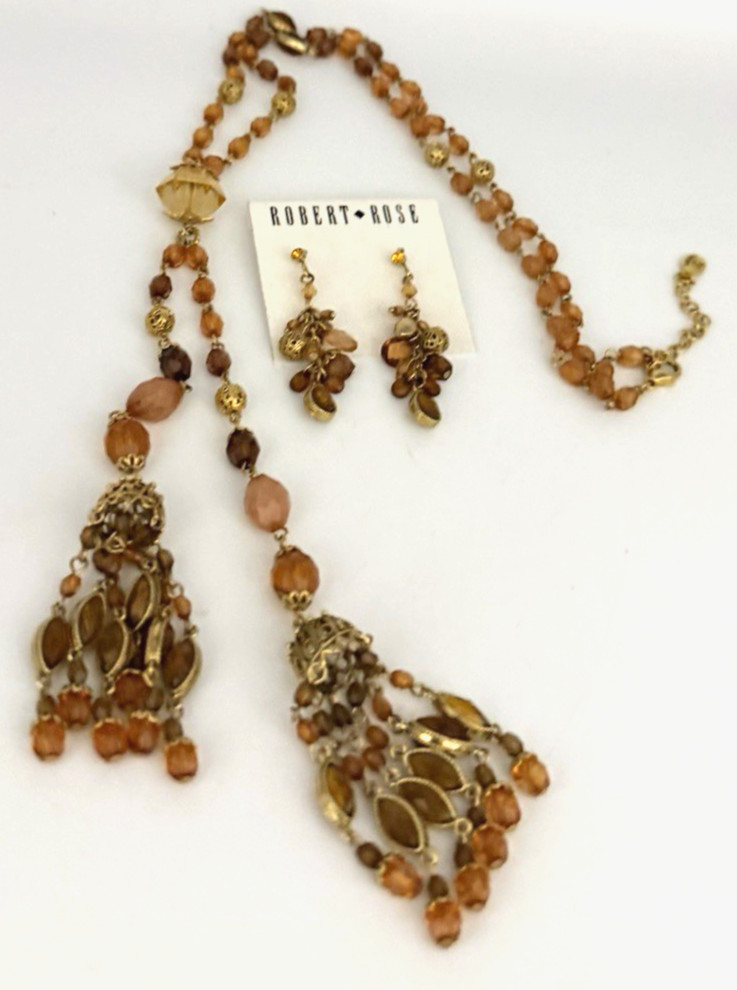 Vintage Robert Rose Gold Tone Amber Honey Beaded Lariat Style Pendant Necklace