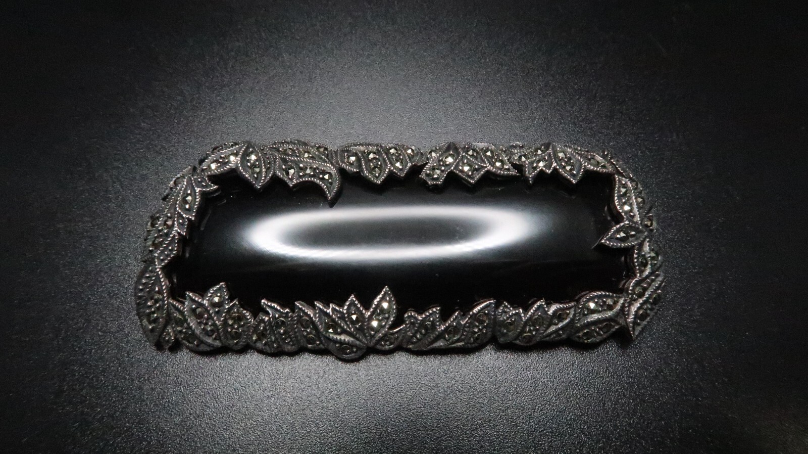 Huge Vintage Sterling Silver Onyx Marcasite Laurel Leaf Brooch 7.5cm BB1