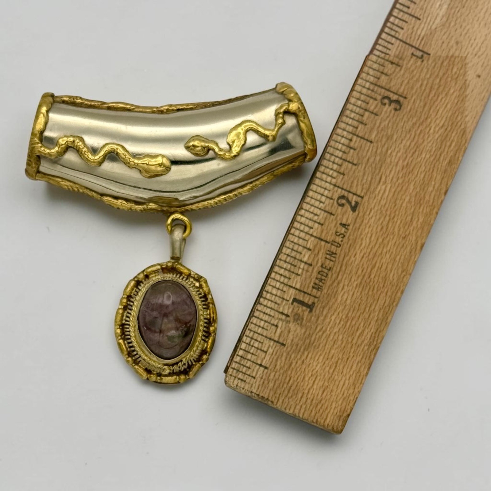 Vintage Brutalist Agate Mixed Metal Slide Pendant Silver Brass 2.5″