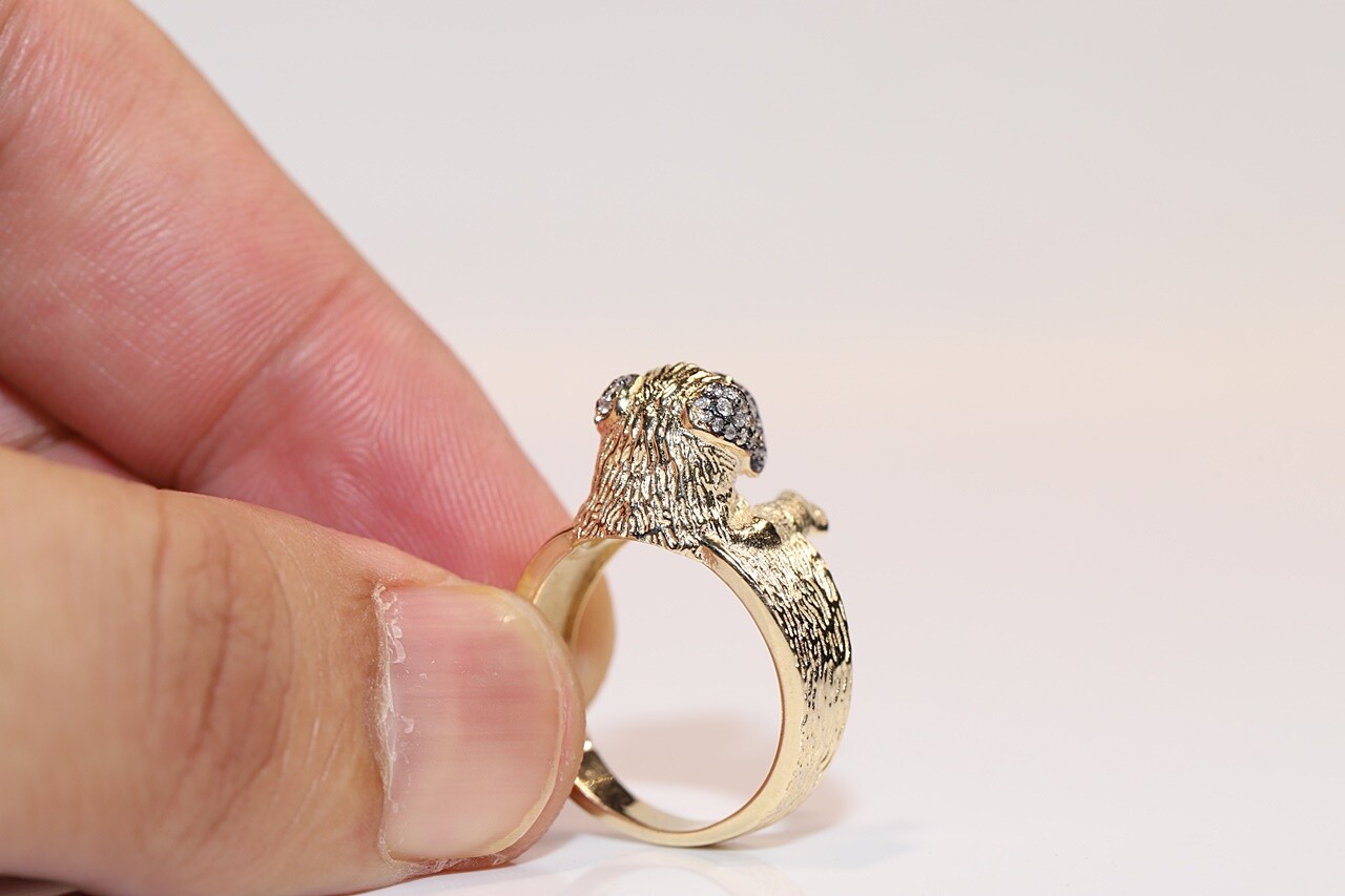 New Made 14k Gold Natural Diamond And Ruby Decorated Dog Ring