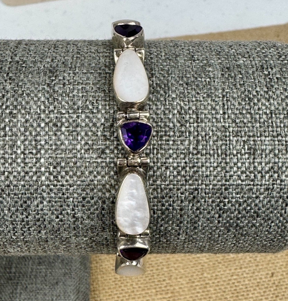 Vintage Acleoni Silver 925 Trillion Amethyst & Luminous Mother Of Pearl Bracelet