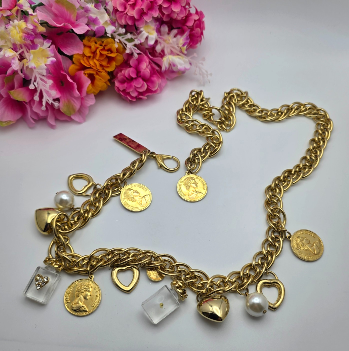 Vtg. The Limited Gold Tone Charm Necklace Long Chain Coin Heart Pearl Korea 36″