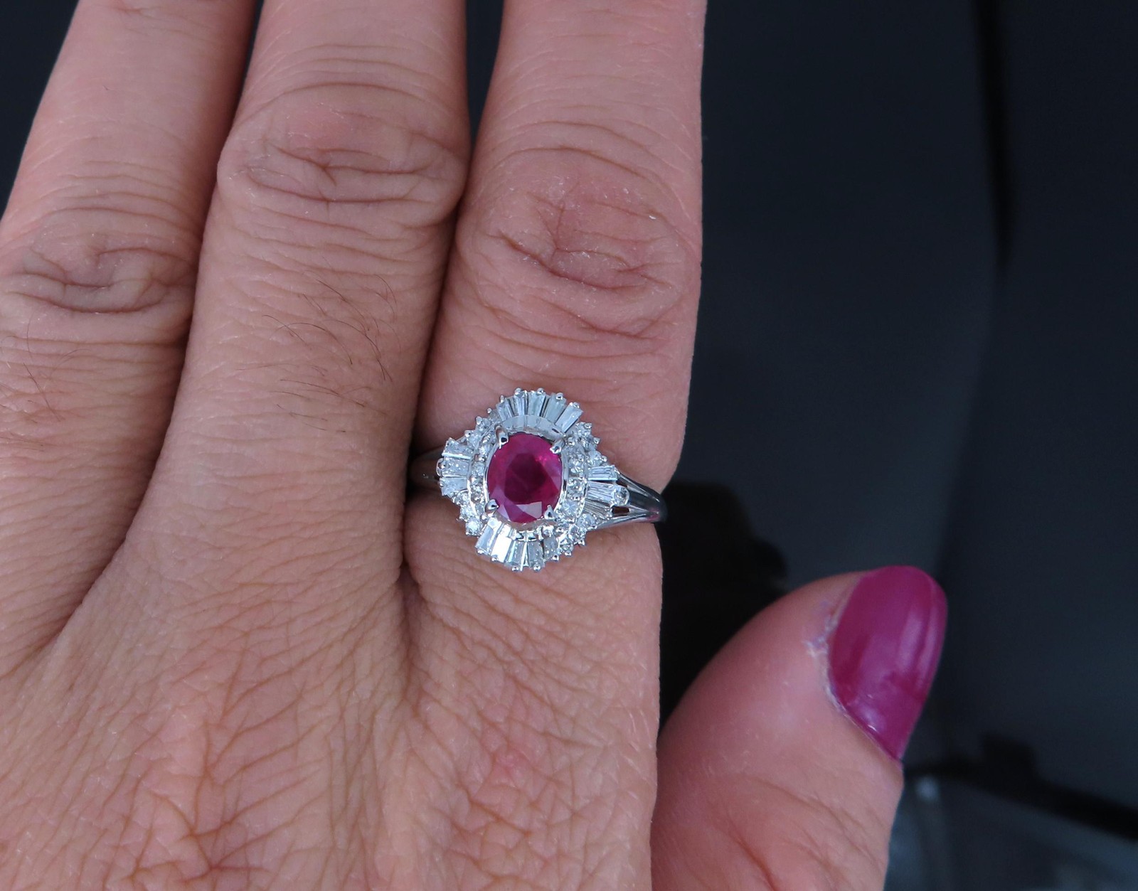 Fine 0.77ct Intense Red Ruby & 0.35ct Diamond Platinum Cocktail Ring Size 6.75