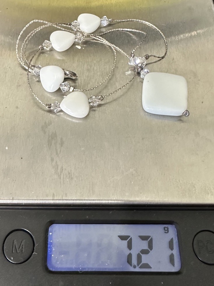 STERLING WHITE GEMSTONE RHOMBUS PENDANT & STATION HEARTS W/CRYSTALS NECKLACE