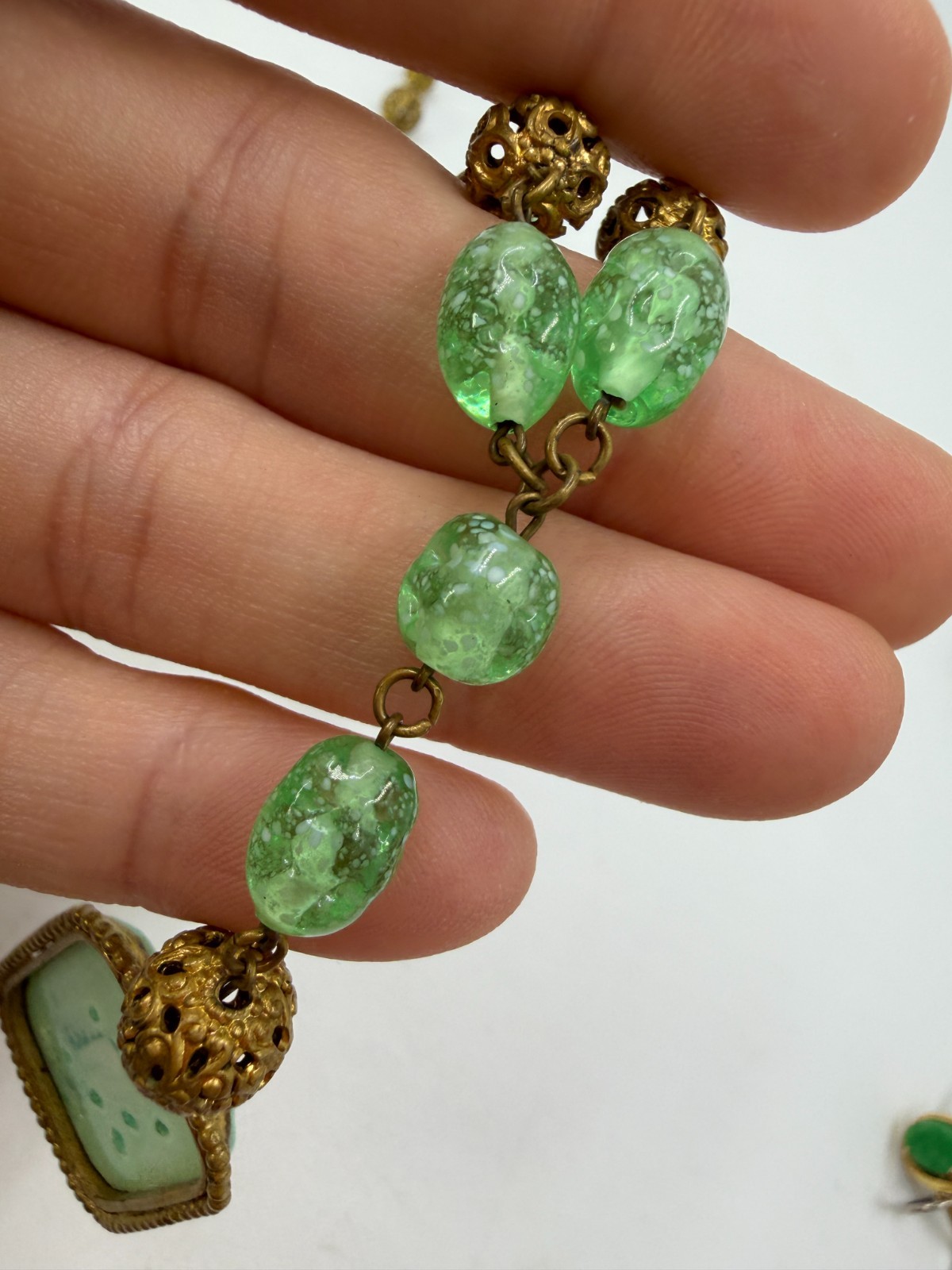 Vintage Necklace Art Deco Green Art Glass Bird Brass Asian Pendant Filigree PJ