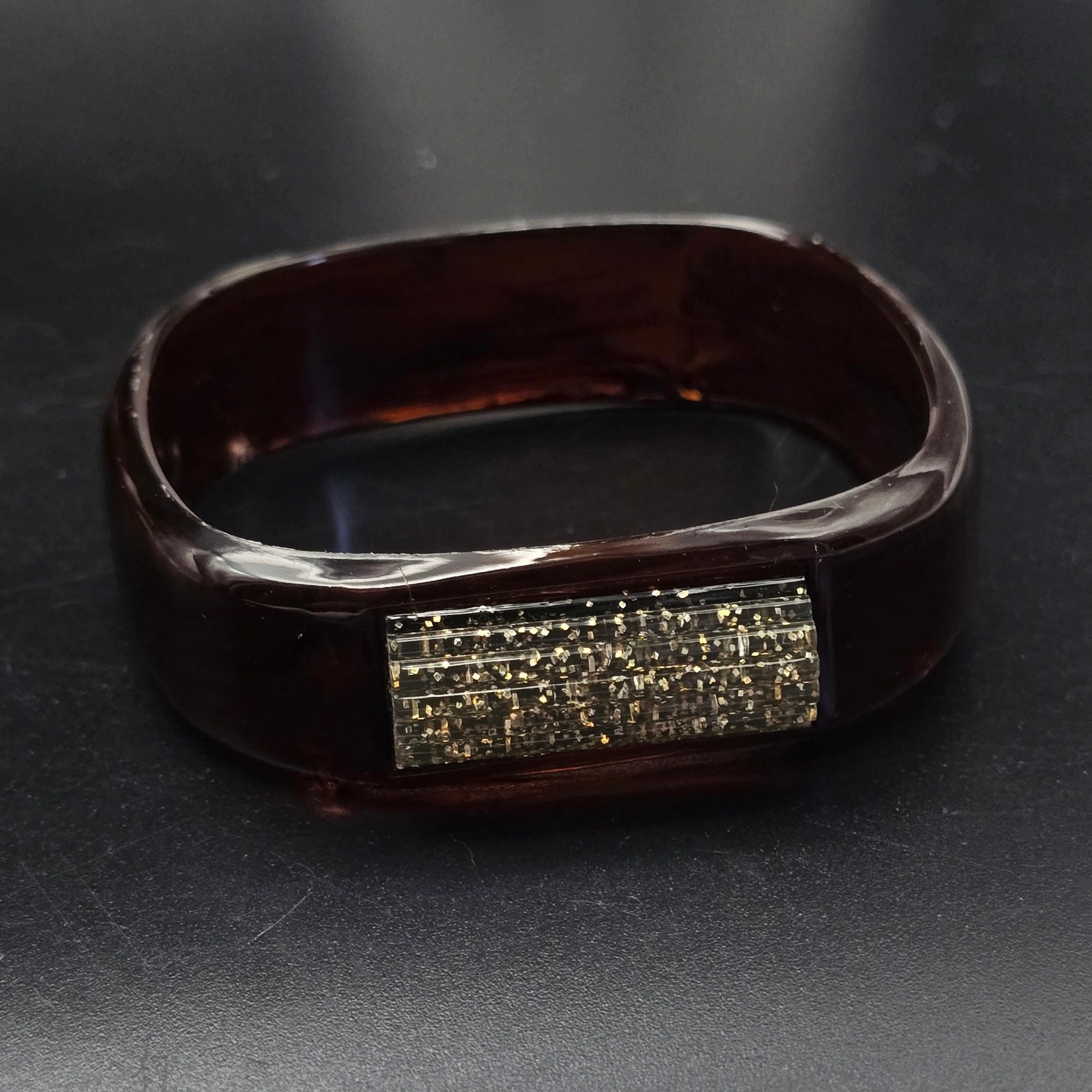 Brown Faux Tortoise Shell Bangle Bracelet with Gold Tone Glitter Accent Vintage