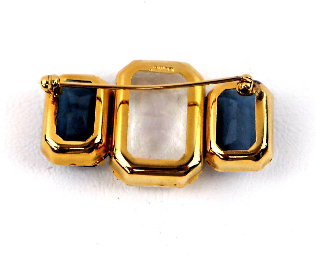 Vintage Brooch pin AVON blue & clear faceted glass rhinestones 1980s emerald cut